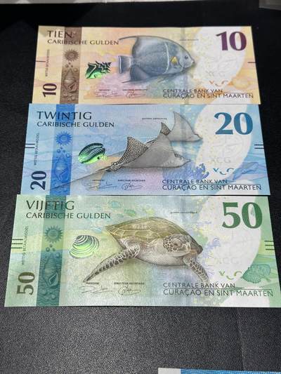 《外钞收藏家》第五百九十期（欧洲强钞、港币、硬通货及丰富裸币大拍场）（本平台长期征集拍品、欢迎藏友们联系合作） - 2025年版库拉索和圣马丁10、20、50盾 三张一起  全新UNC 全部是靓号尾6