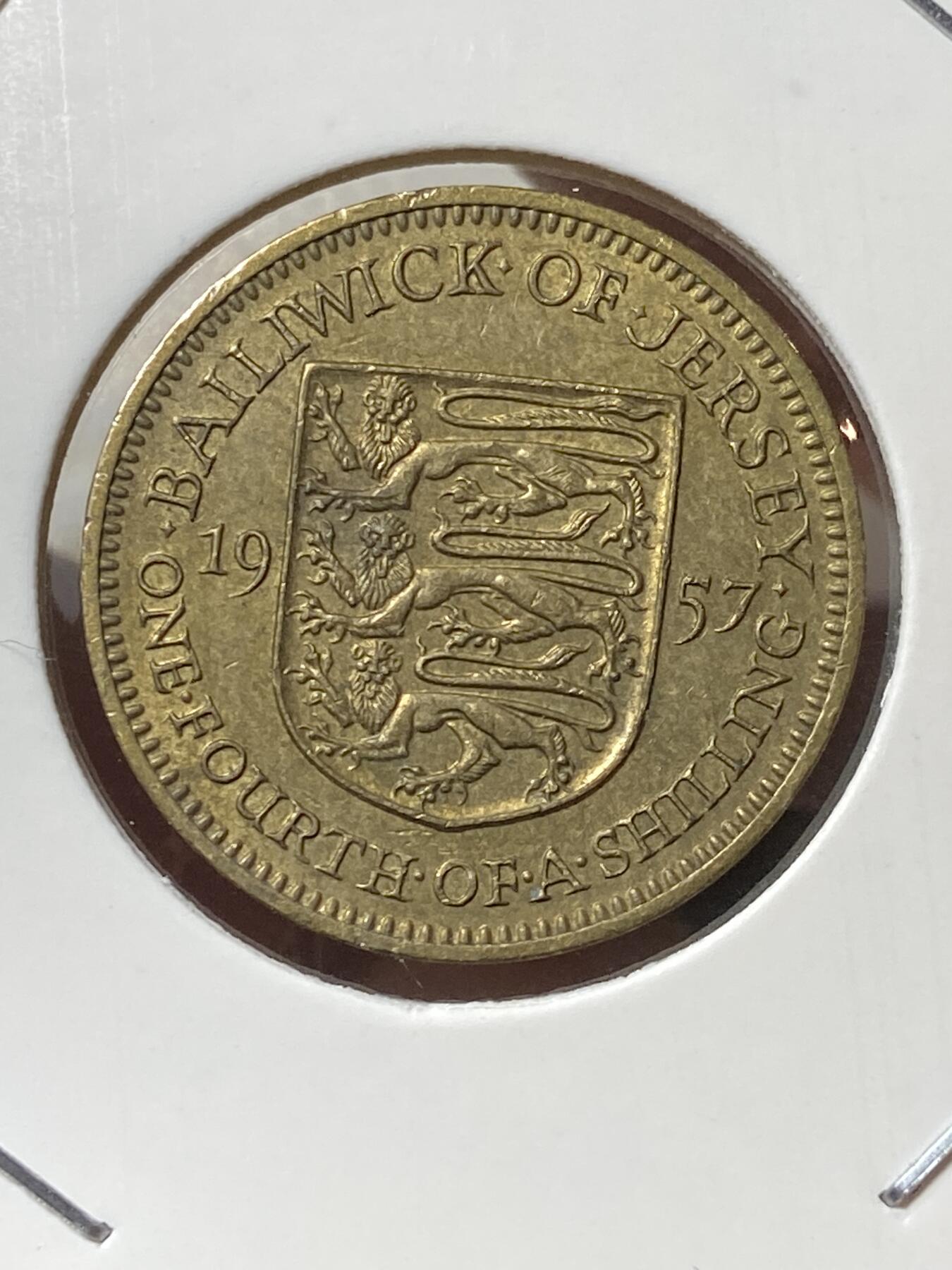 2025年第一百三十三场(总第一百五十九场）外国好品纸夹散币场(免佣金) 英属泽西岛🇯🇪1957年1/4先令(伊丽莎白二世青年带冠，第一版首发年)