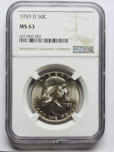 文馨钱币收藏第 283 场，【大雪鉴珍，寒英缀金】金银纪念币精品场，诚邀您的参与【长期接代拍品】 - 1959 年美国富兰克林半美元银币 D 版 NGC 评级 MS63 分，卷拆品相，转光耀眼，63 分实属低评了