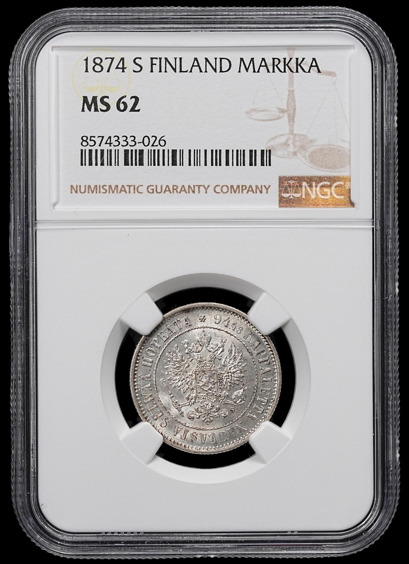 修遠堂世界钱币第九十六期 NGC MS62 1874年芬兰1马克银币 早期品种MS稀见