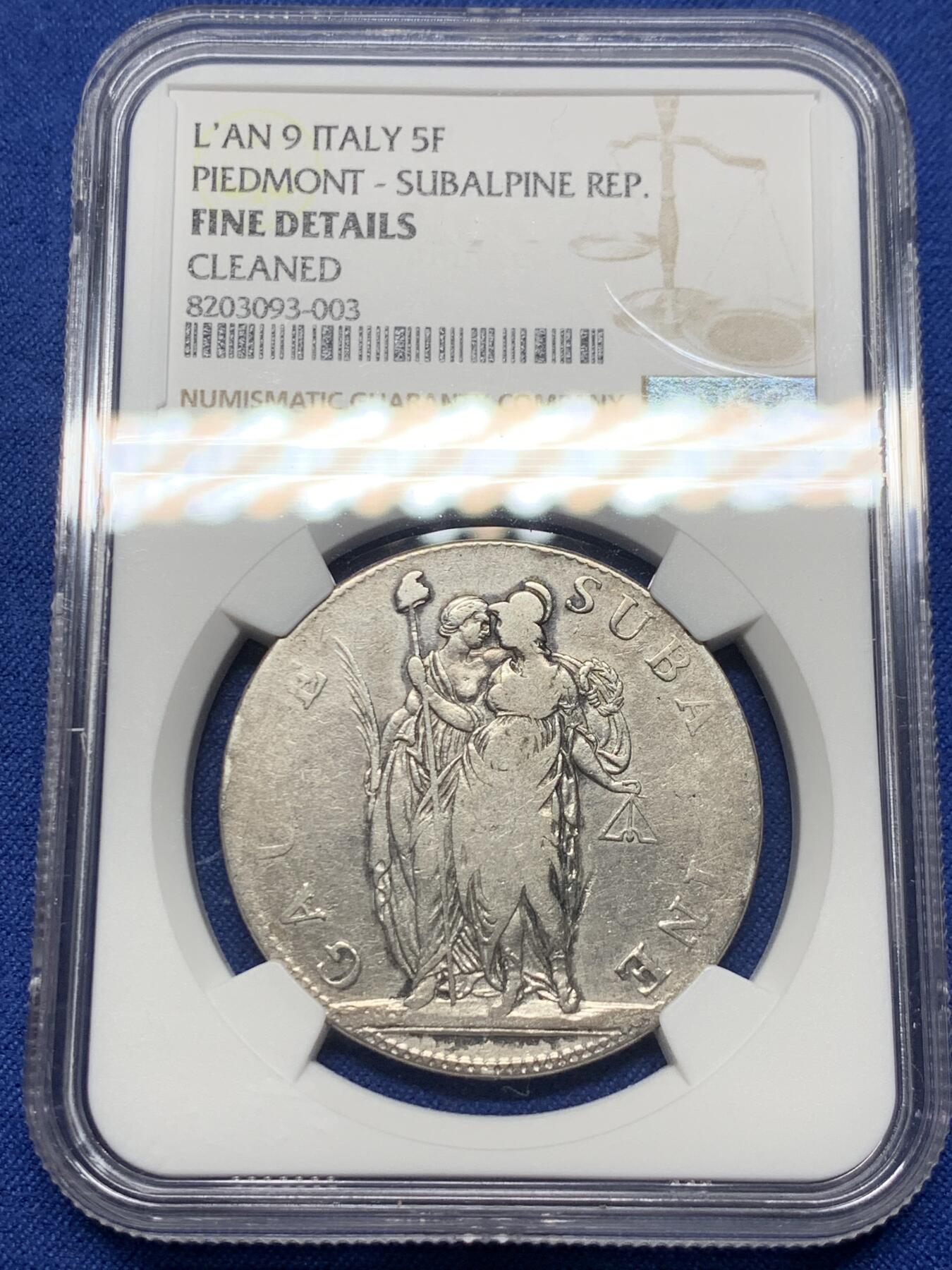 《竞宝斋》第444场 周日，周一，2场连拍 （全场包邮） NGC FD 意大利皮埃蒙特共和国（阿尔卑斯共和国） 共和9年（1800年）5法郎银币 拿破仑1799年在北意大利建立的国家 细节不错 感觉可以冲VF 这枚只发行两个年份 1800铸造量仅46740枚 发行量几乎是1801年的1/3不到 稀缺品种