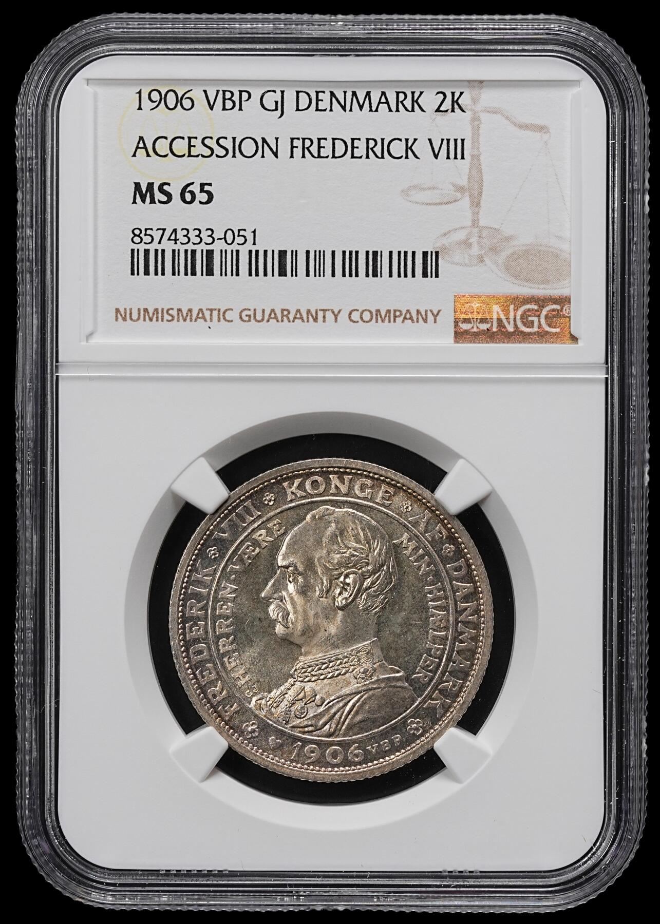 修遠堂世界钱币第九十六期 NGC MS65 1906年丹麦国王更迭纪念2克朗银币