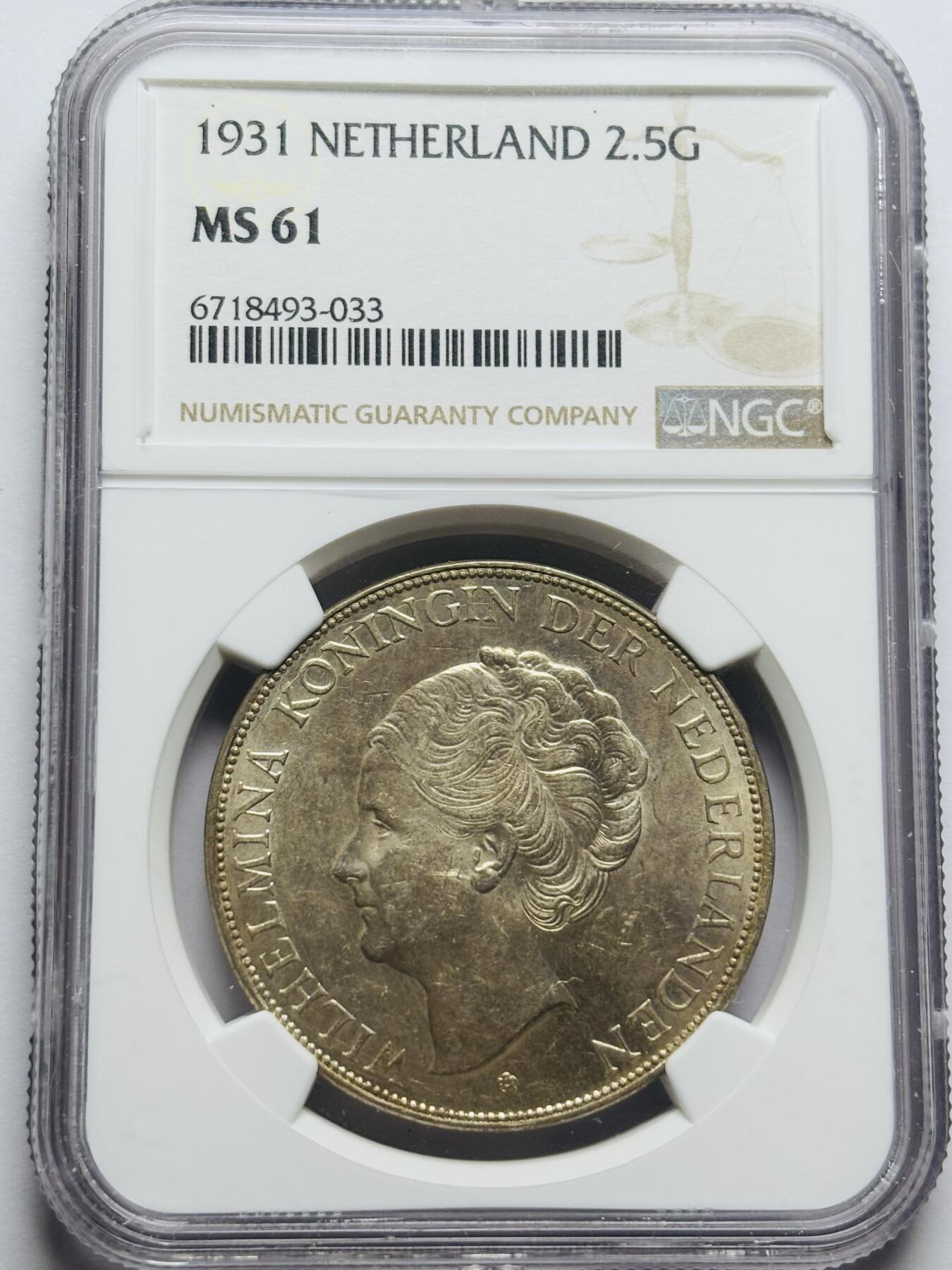 文馨钱币收藏第 283 场，【大雪鉴珍，寒英缀金】金银纪念币精品场，诚邀您的参与【长期接代拍品】 1931 年荷兰威廉明娜女王 2.5 盾大银币 NGC 评级 MS61 分，发丝人物形象惟妙惟肖，细节看图