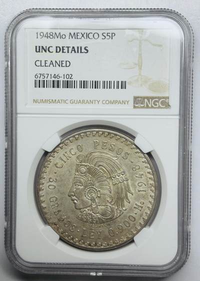 文馨钱币收藏第 283 场，【大雪鉴珍，寒英缀金】金银纪念币精品场，诚邀您的参与【长期接代拍品】 - 1948 年墨西哥印第安人酋长 5 比索大银币 NGC 评级 NGC 评级 UNC D 人老鹰与蛇生动形象惟妙惟肖