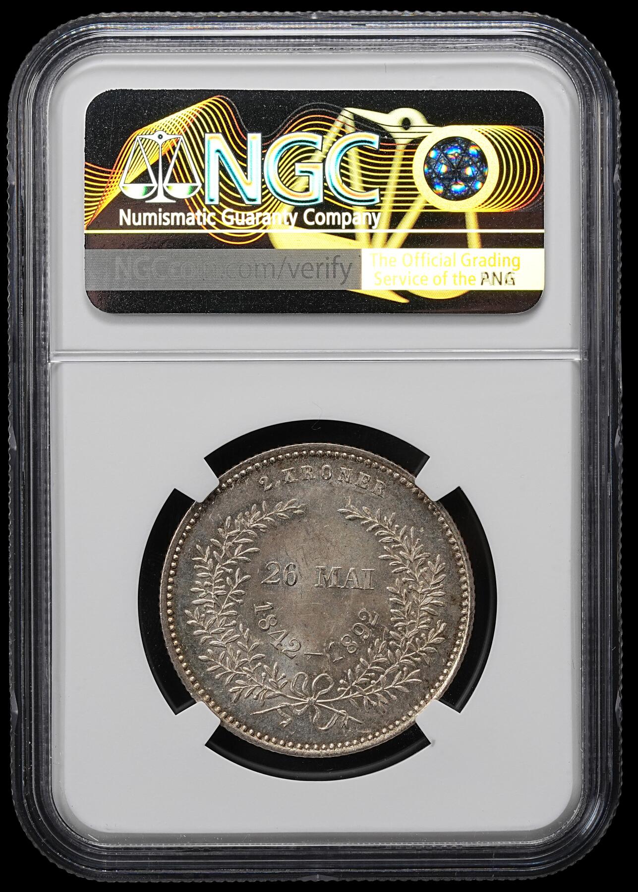 修遠堂世界钱币第九十六期 NGC MS64 1892年丹麦国王金婚纪念2克朗银币