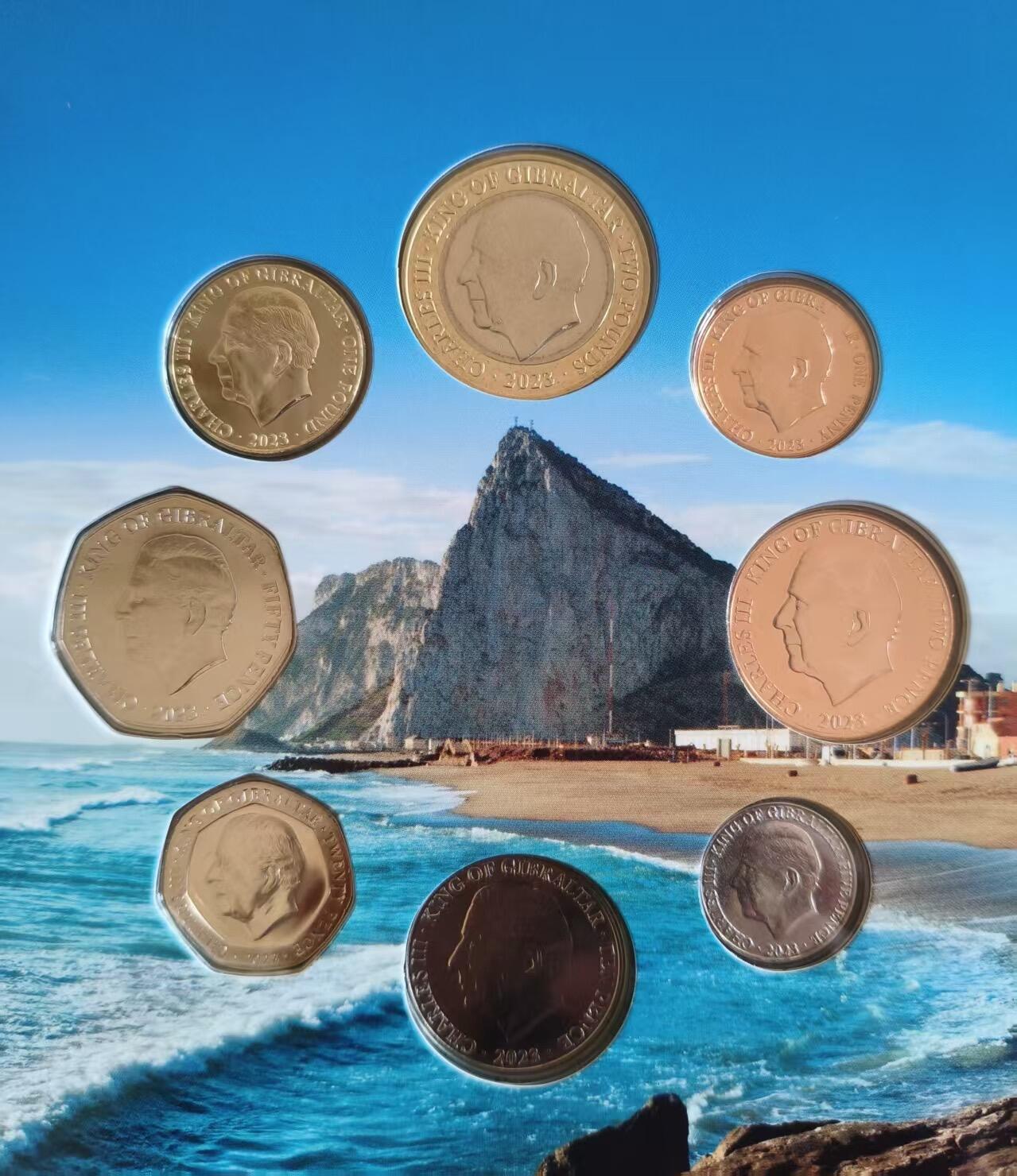 ❤️【币观天下】❤️ 第333期钱币拍卖- 2025.12.5周五晚上6点半场-长期征集拍品 稀少的直布罗陀2023年查尔斯三世头像第一套开门MS套币 1便士到5镑9枚