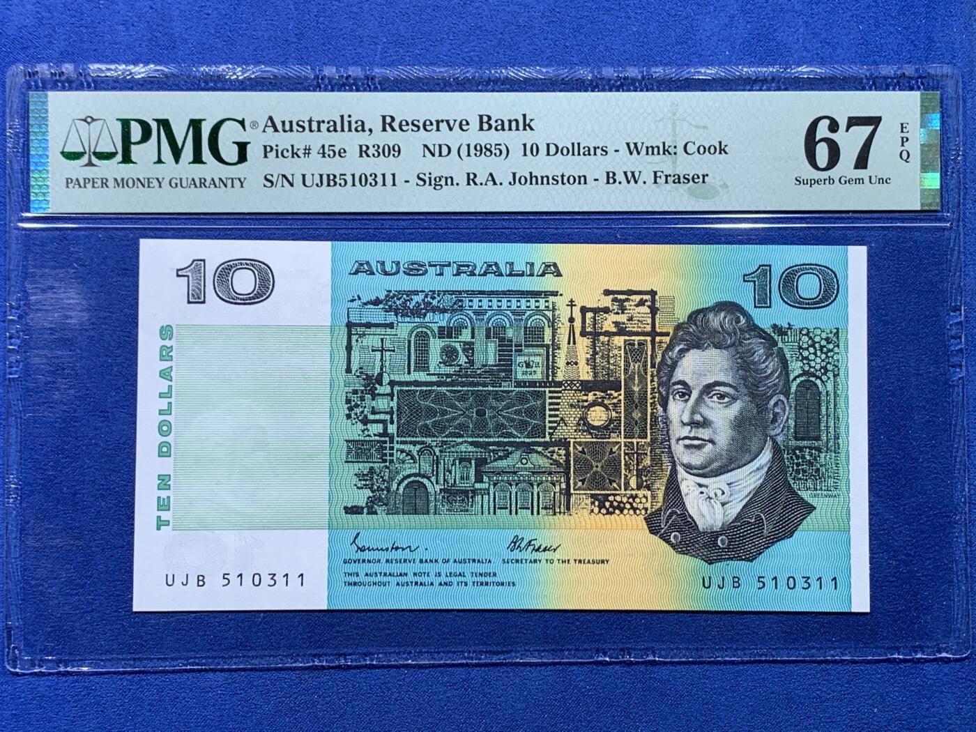 《竞宝斋》第444场 周日，周一，2场连拍 （全场包邮） PMG 67EPQ 澳大利亚 1985年10元 高分