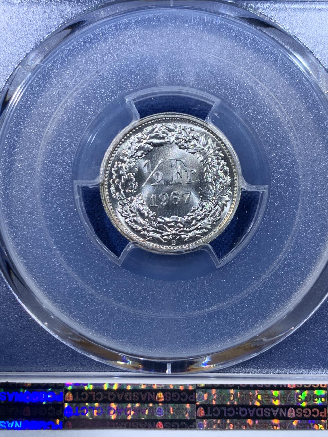 《竞宝斋》第444场 周日，周一，2场连拍 （全场包邮） PCGS MS67 瑞士 1967年 1/2法郎 银币 关门币 高分收藏级