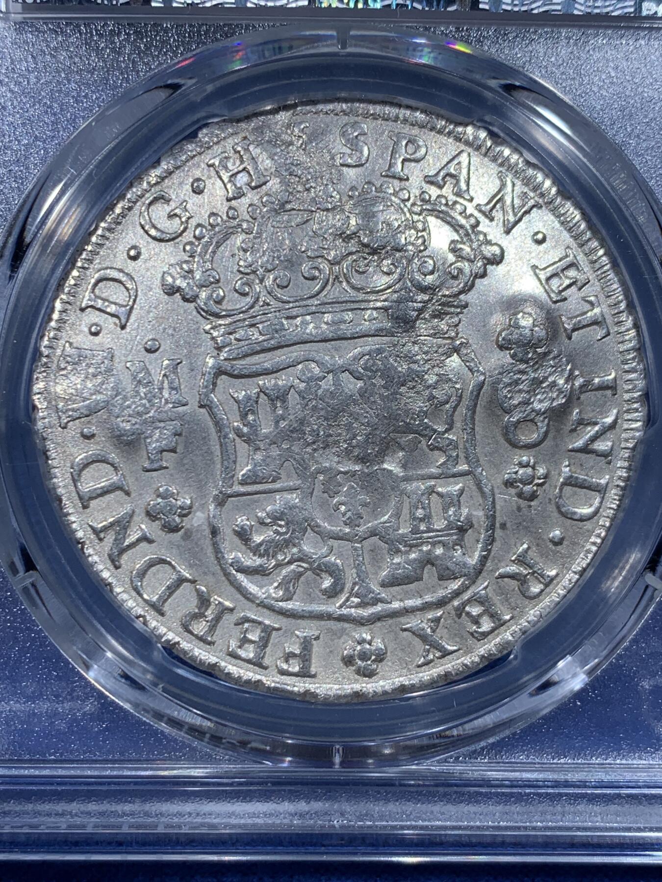 《竞宝斋》第444场 周日，周一，2场连拍 （全场包邮） PCGS AUD 1753年西属墨西哥地球双柱银币  早期年份，在华流通的中文戳记大热门，底板和细节都很好