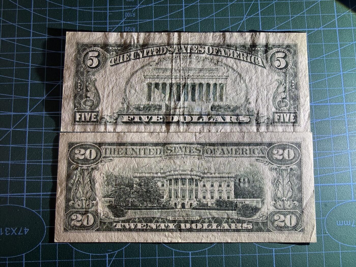 【炜奕收藏】，第五十二期 美国5&20美元，品相如图