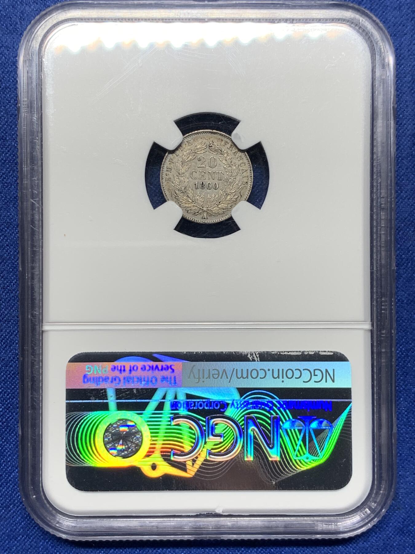 《竞宝斋》第444场 周日，周一，2场连拍 （全场包邮） NGC UNC 法国1860年拿破仑三世20分银币，好品小币种。