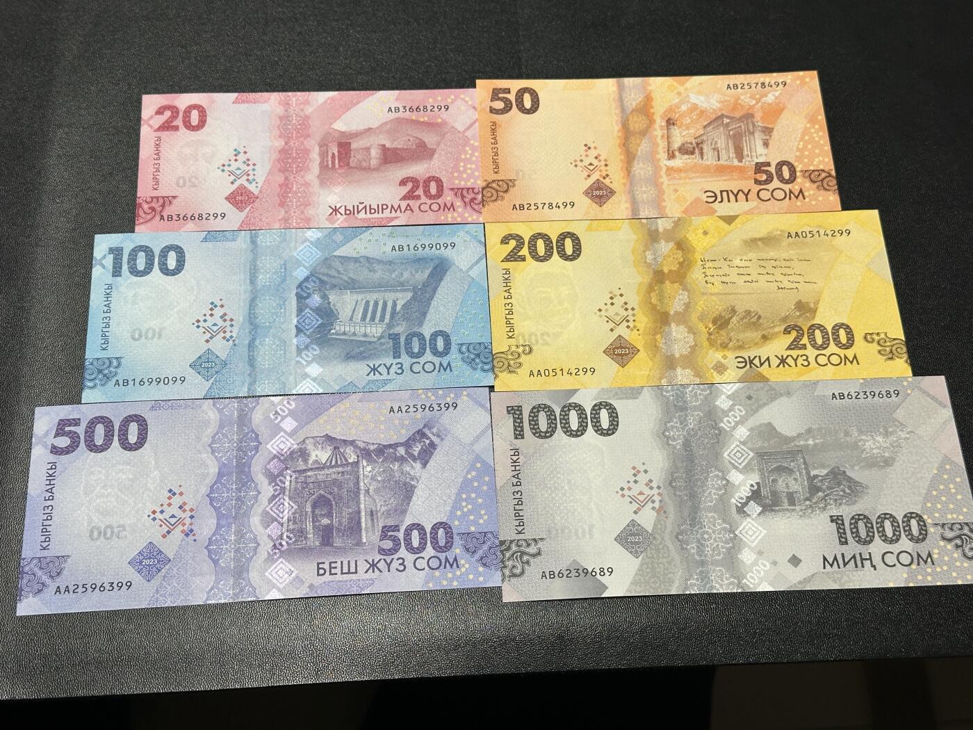《外钞收藏家》第五百九十期（欧洲强钞、港币、硬通货及丰富裸币大拍场）（本平台长期征集拍品、欢迎藏友们联系合作） 吉尔吉斯坦20-1000面额 六张一起 全新UNC 全部是靓号尾9