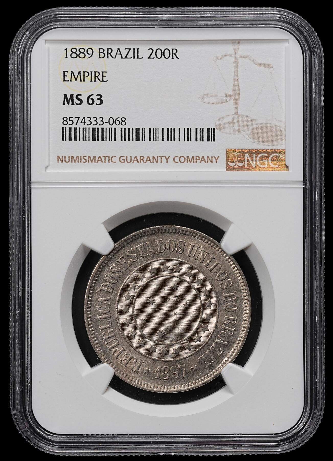 修遠堂世界钱币第九十六期 NGC MS63 1897年巴西200 REIS 盒子年份标识有误