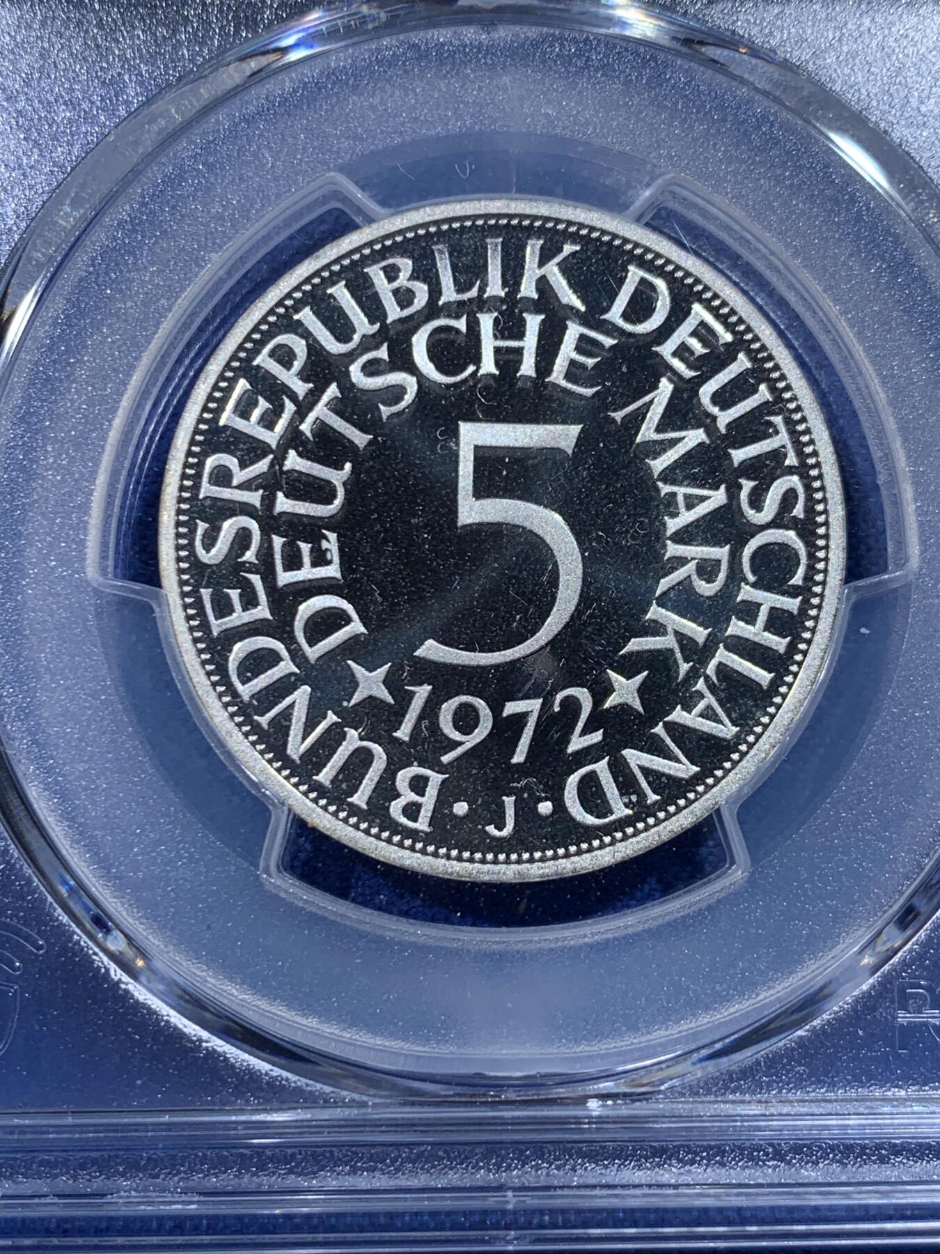 《竞宝斋》第444场 周日，周一，2场连拍 （全场包邮） 亚军分 PCGS RP68DCAM 德国 1972年 无毛鹰 流通5马克 精制银币 少见品种