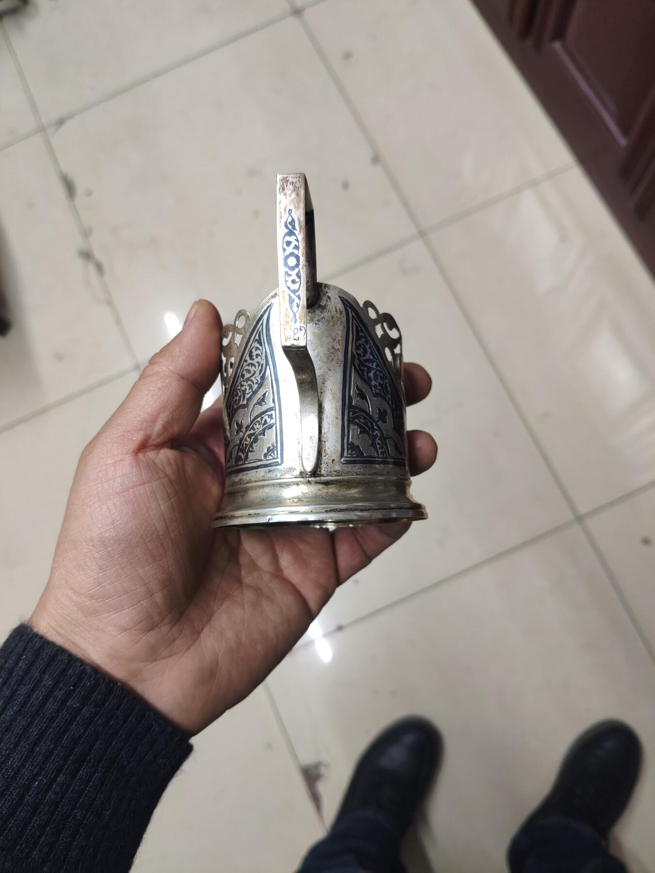 老银件 苏联镶嵌乌银工艺老银制杯托