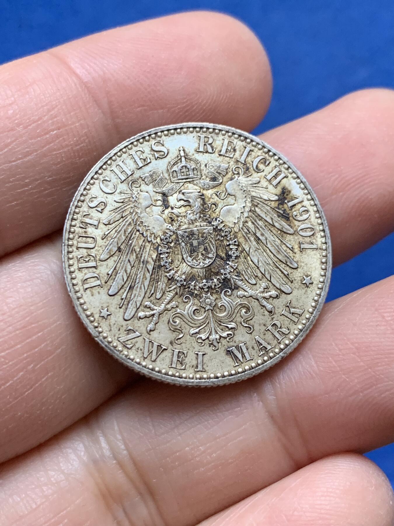 《竞宝斋》第444场 周日，周一，2场连拍 （全场包邮） 德国1901年普鲁士建国纪念2马克银币