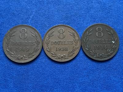 《竞宝斋》第444场 周日，周一，2场连拍 （全场包邮） - 三枚一组 英国根西岛8道布铜币，1914年/1938年/1949年，品相不错。