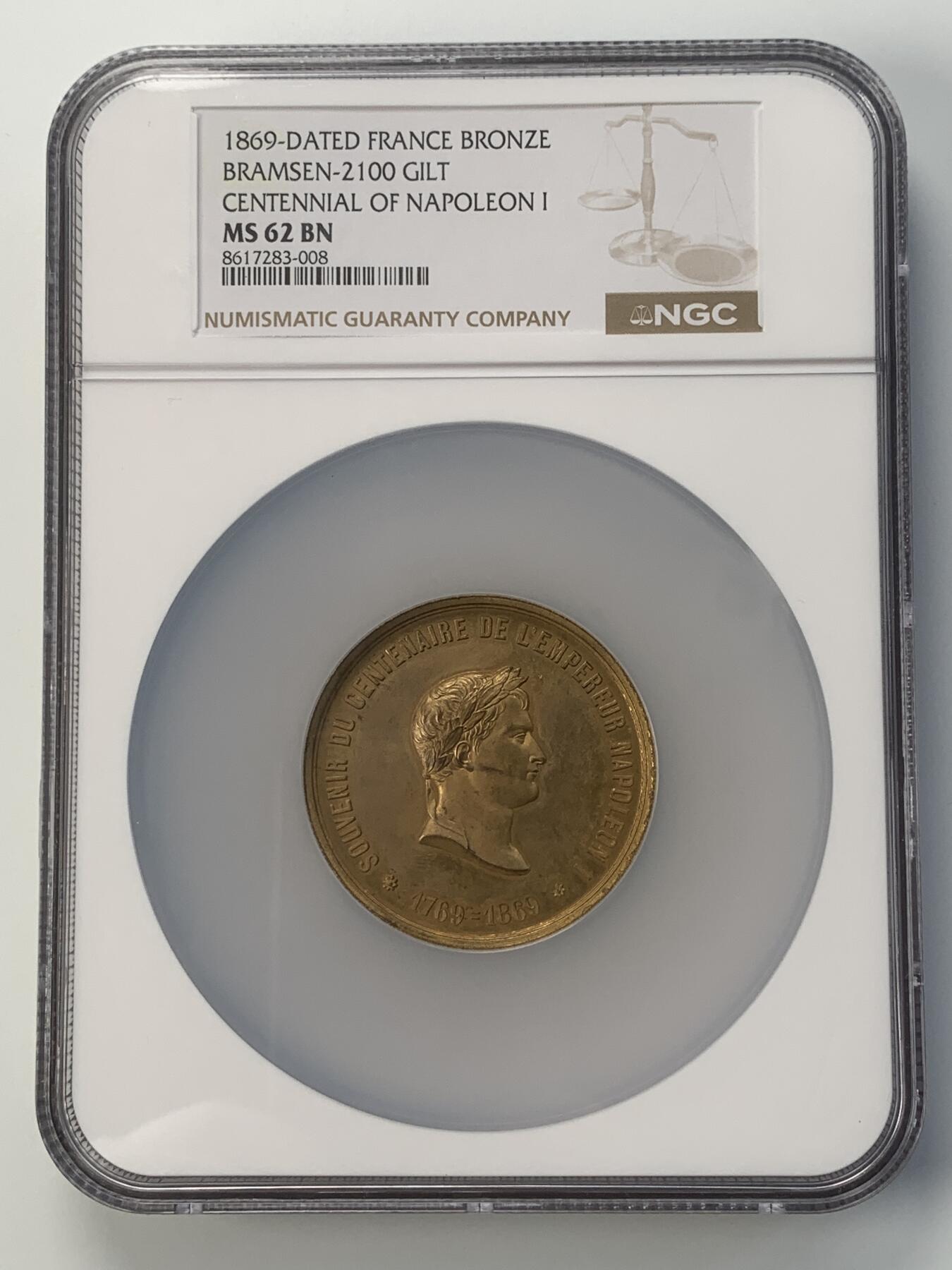 掌中浮雕-藏着的欧洲第044场 NGC MS62 : 1869年法国拿破仑一世百年诞辰纪念镀金大铜章，50mm，光边无边铭