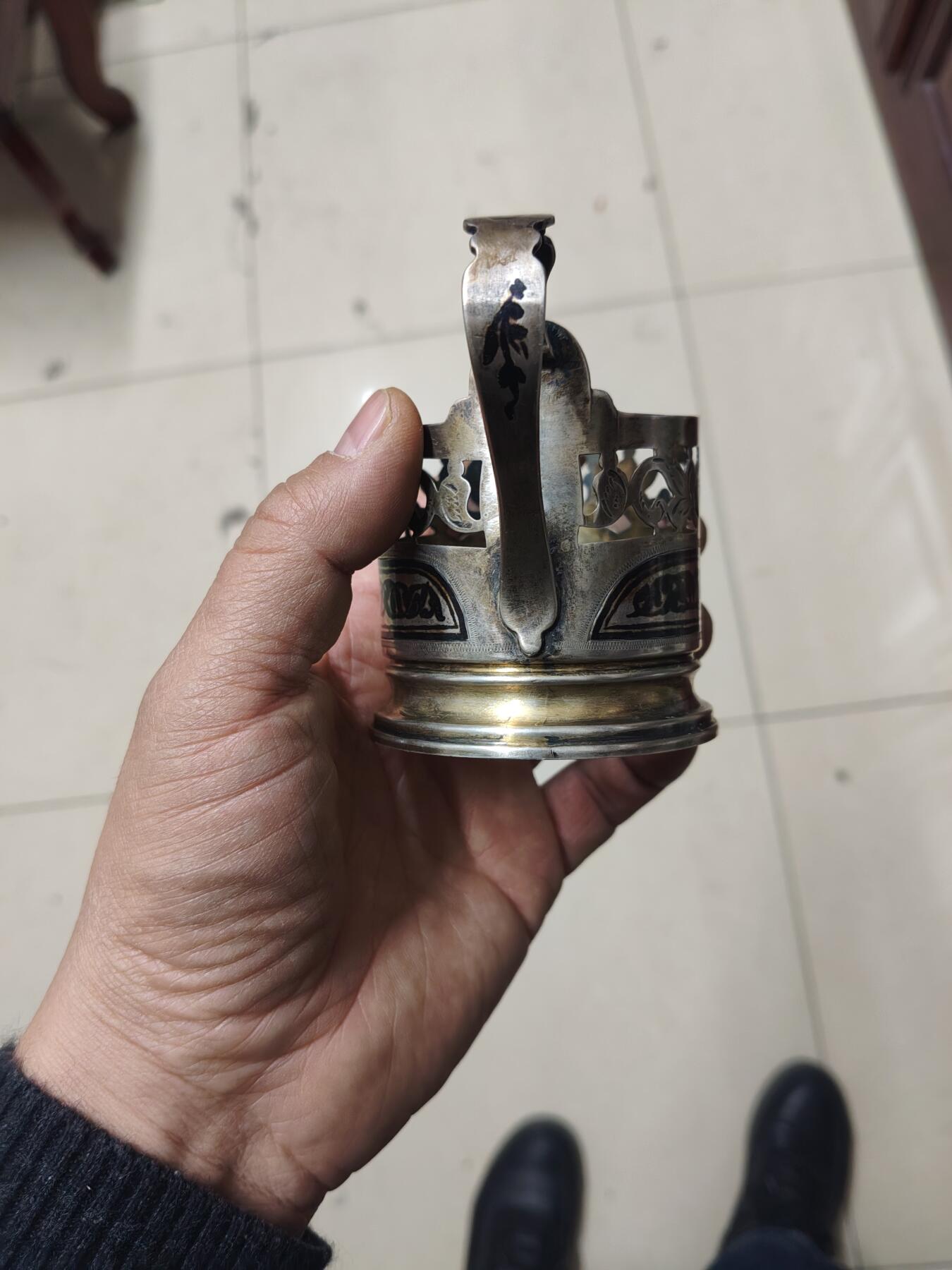 老银件 苏联乌银镶嵌老银制杯托2