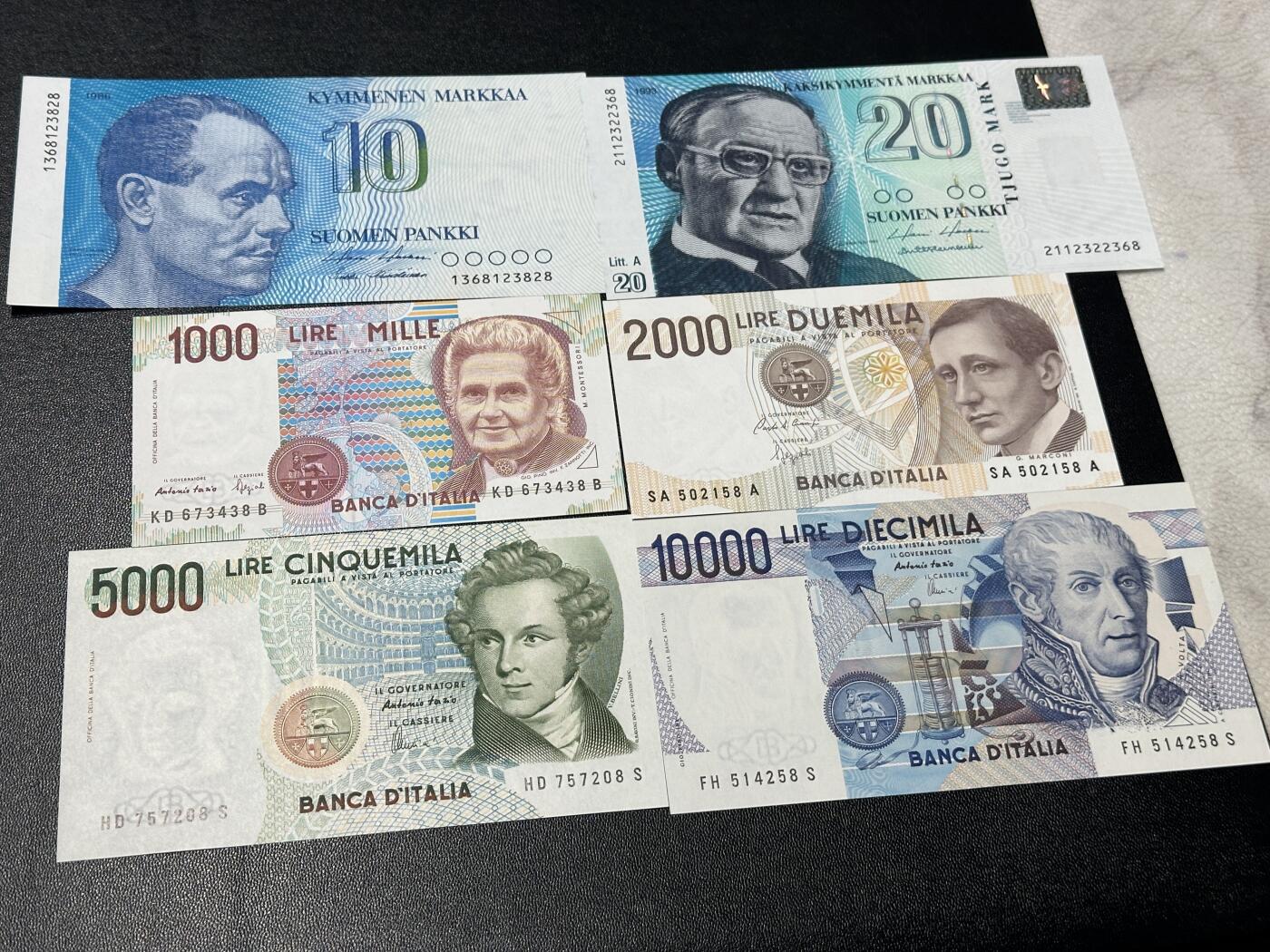 《外钞收藏家》第五百九十期（欧洲强钞、港币、硬通货及丰富裸币大拍场）（本平台长期征集拍品、欢迎藏友们联系合作） 意大利4张+芬兰2张 全新 但是芬兰10马克一个角不绝 全部是靓号尾8