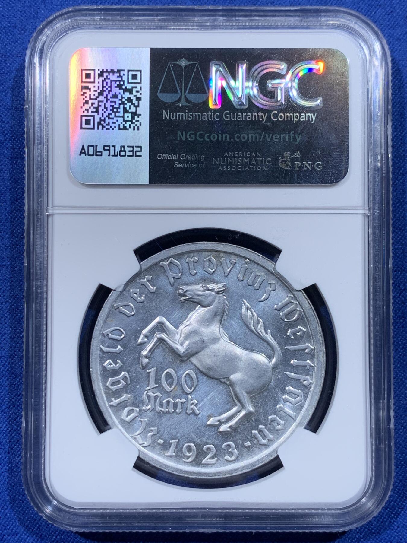 《竞宝斋》第444场 周日，周一，2场连拍 （全场包邮） NGC UNCD 德国1923年威斯特法轮100马克大铝币，状态非常好的一枚