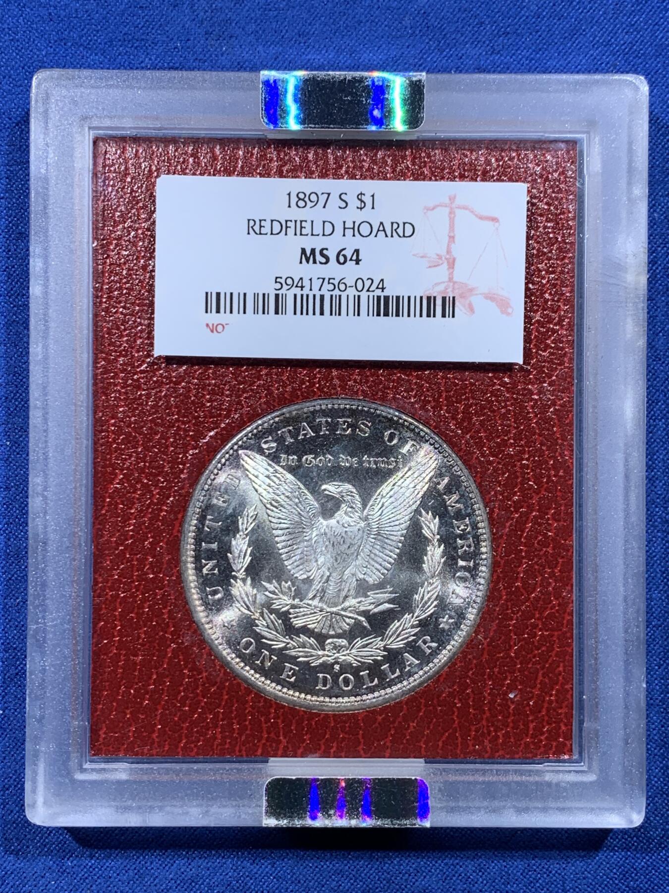 《竞宝斋》第444场 周日，周一，2场连拍 （全场包邮） NGC MS64 美国1897年S版 摩根1美元 银币，正宗“Redfield派拉蒙”集藏原盒，国内极其少见，五彩包浆、超强转光、优秀底板状态一个不漏。