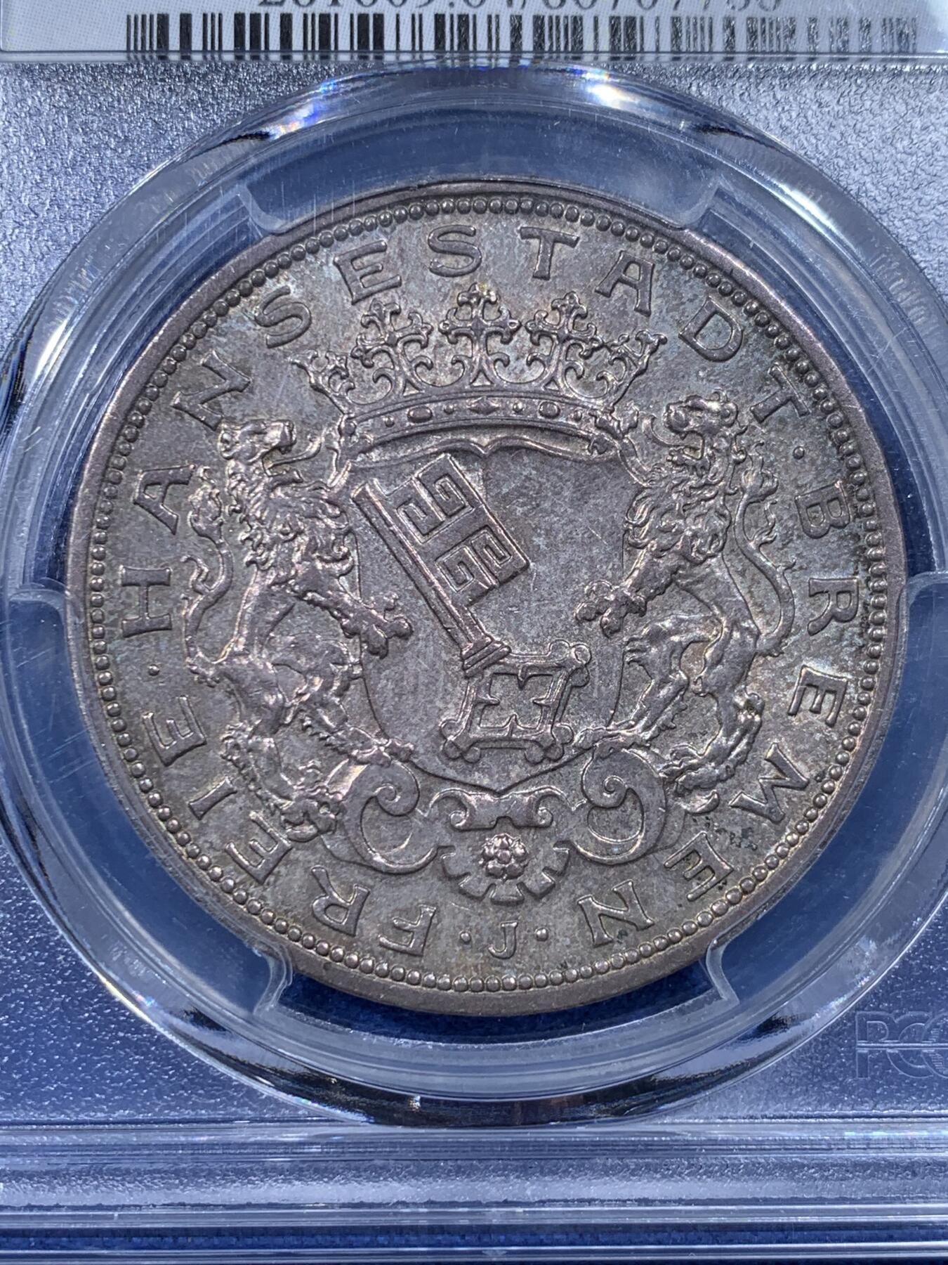 《竞宝斋》第444场 周日，周一，2场连拍 （全场包邮） PCGS MS64 德国1906J 不莱美5马克 银币 双面原味淡灰包浆 整体状态极优
