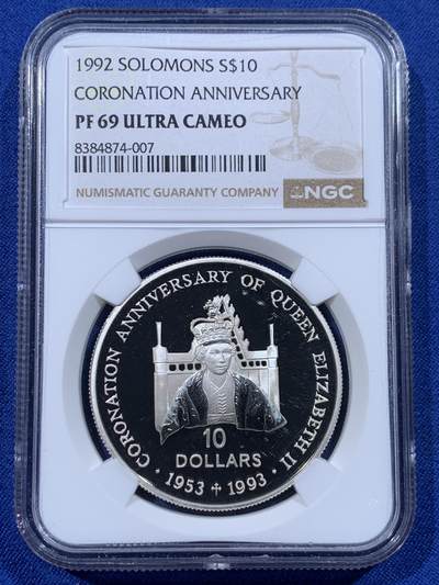 《竞宝斋》第444场 周日，周一，2场连拍 （全场包邮） - NGC PF69UC 所罗门群岛1992年登基50周年10元大银币