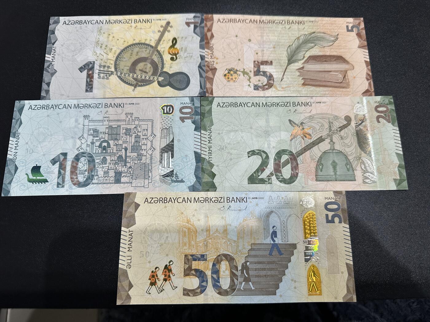 《外钞收藏家》第五百九十期（欧洲强钞、港币、硬通货及丰富裸币大拍场）（本平台长期征集拍品、欢迎藏友们联系合作） 阿塞拜疆1-50面额 5张一起 全新UNC