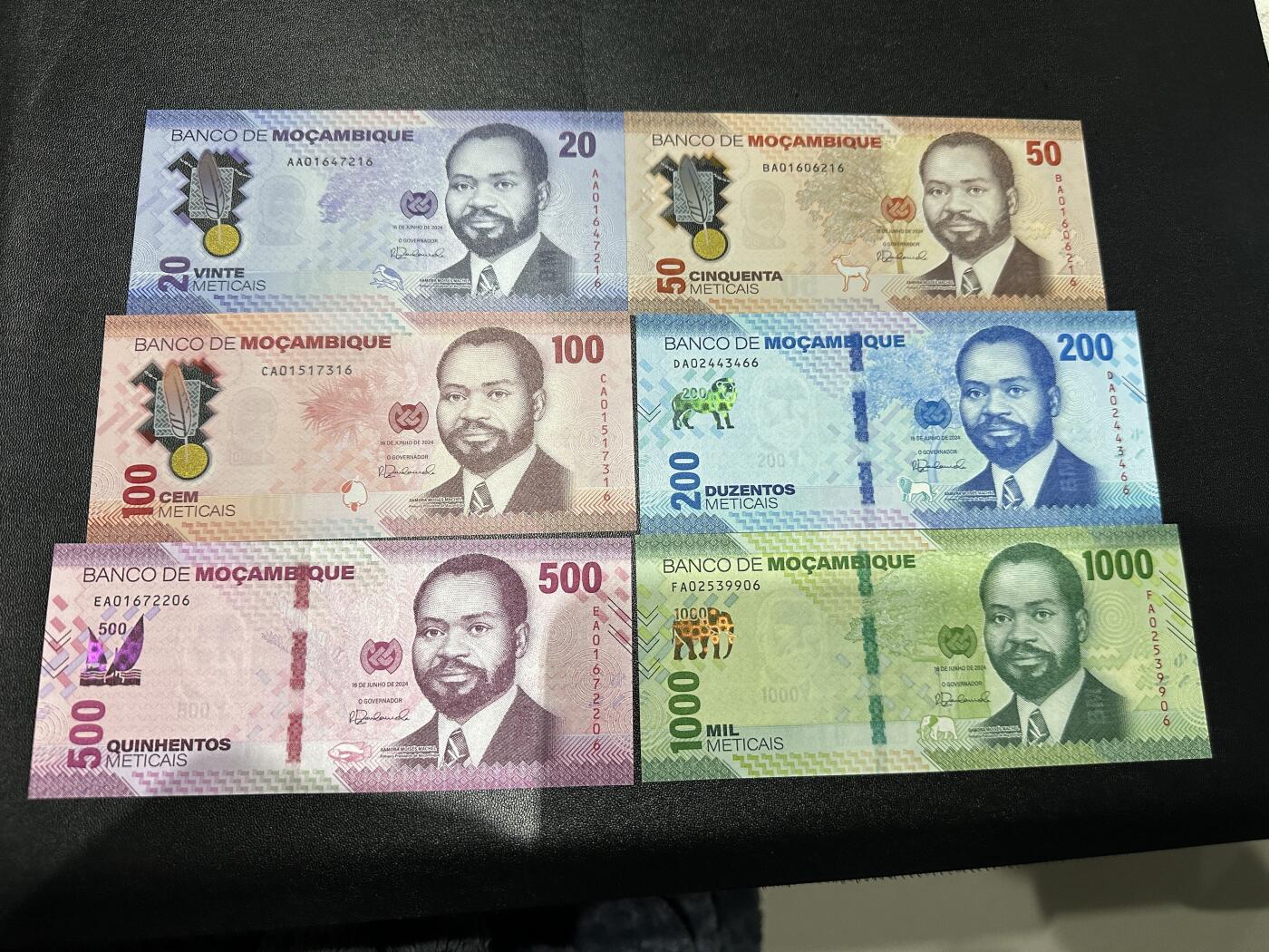 《外钞收藏家》第五百九十期（欧洲强钞、港币、硬通货及丰富裸币大拍场）（本平台长期征集拍品、欢迎藏友们联系合作） 莫桑比克20-1000面额 六张一起 全新UNC 尾6