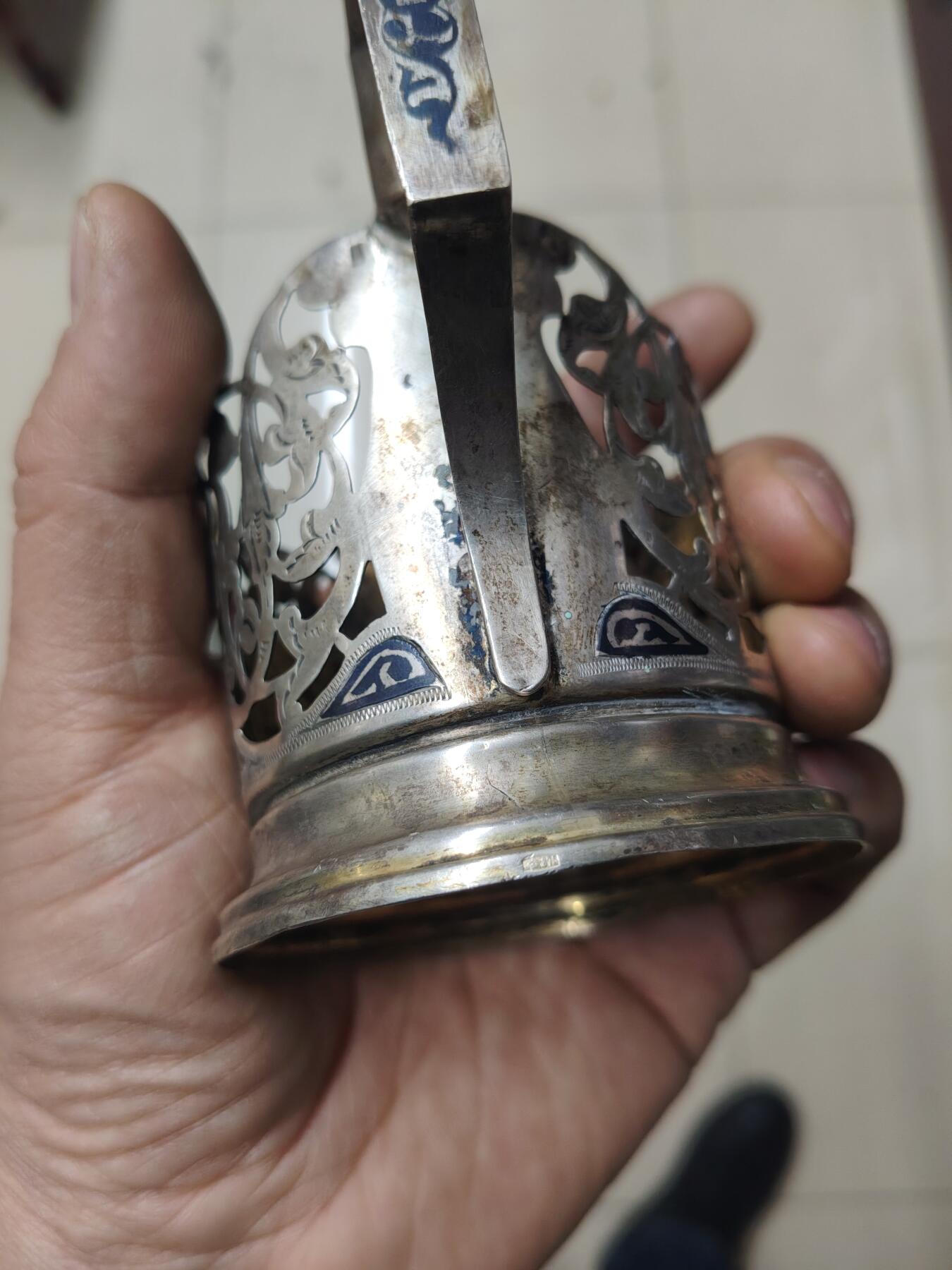 老银件 苏联乌银镶嵌老银制杯托5