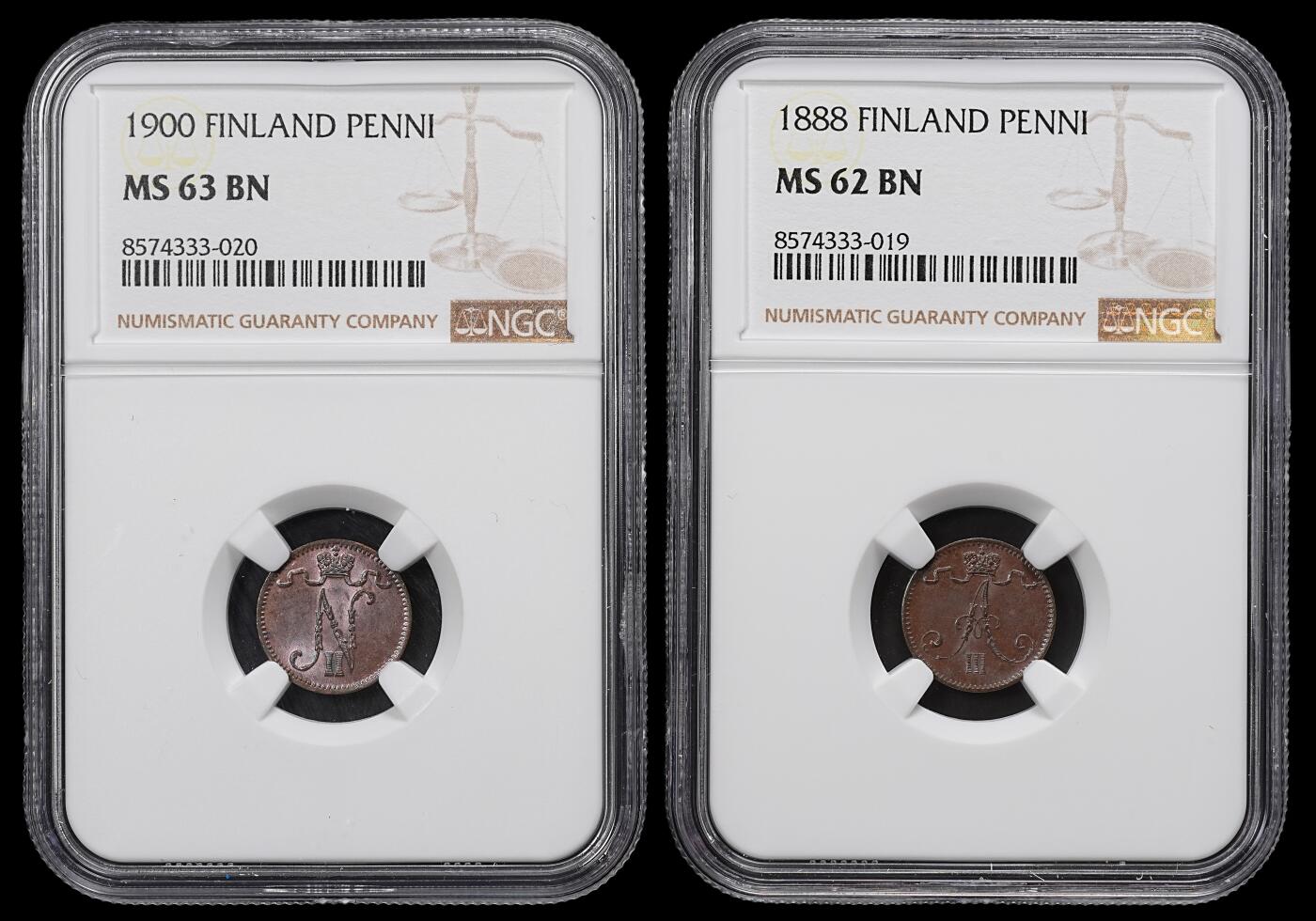 修遠堂世界钱币第九十六期 NGC评级 芬兰1盆尼铜币2枚