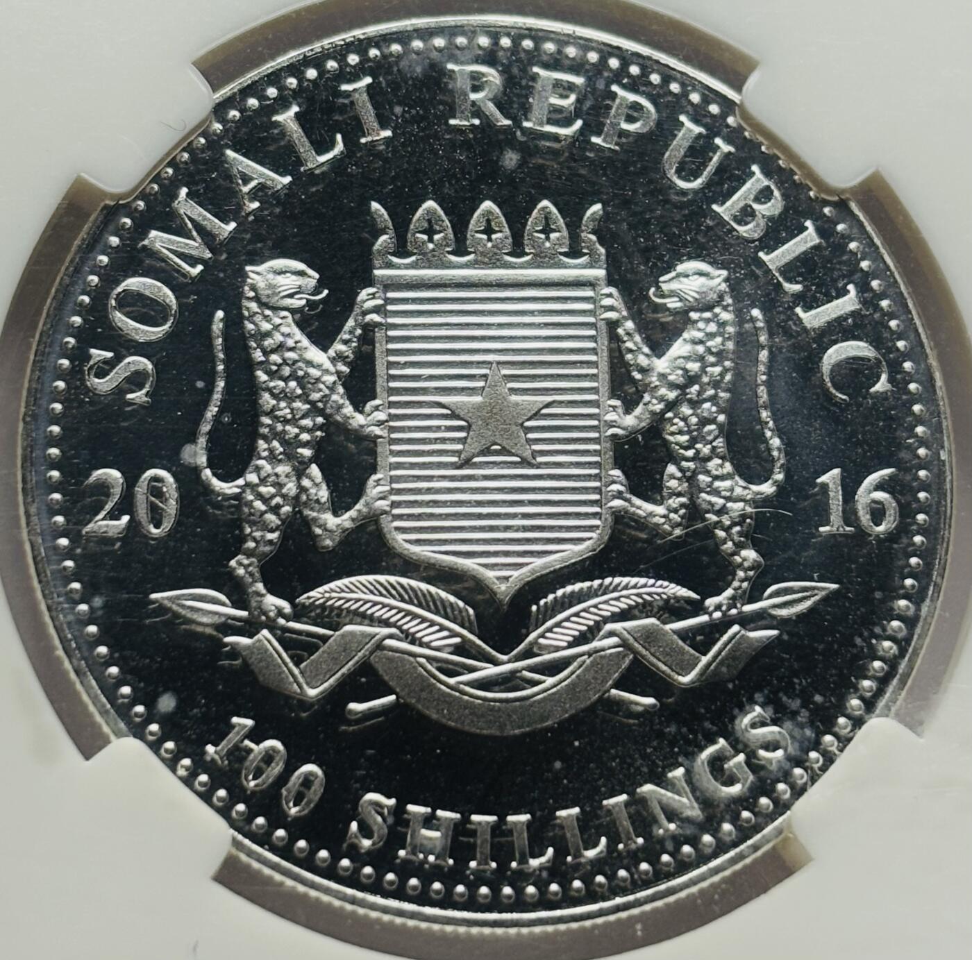 文馨钱币收藏第 283 场，【大雪鉴珍，寒英缀金】金银纪念币精品场，诚邀您的参与【长期接代拍品】 2016 年索马里 非洲象 100 先令银币 1 盎司，重 31.1 克 999 纯银，CNCS 评级 MS69 分