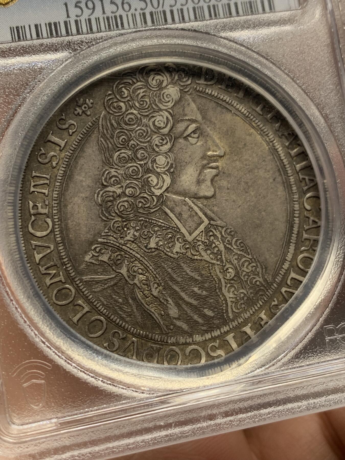 《竞宝斋》第444场 周日，周一，2场连拍 （全场包邮） PCGS AU50 神圣罗马帝国 波西米亚王国 奥尔穆茨主教区1704年泰勒大银币 原味深打 加厚盒装