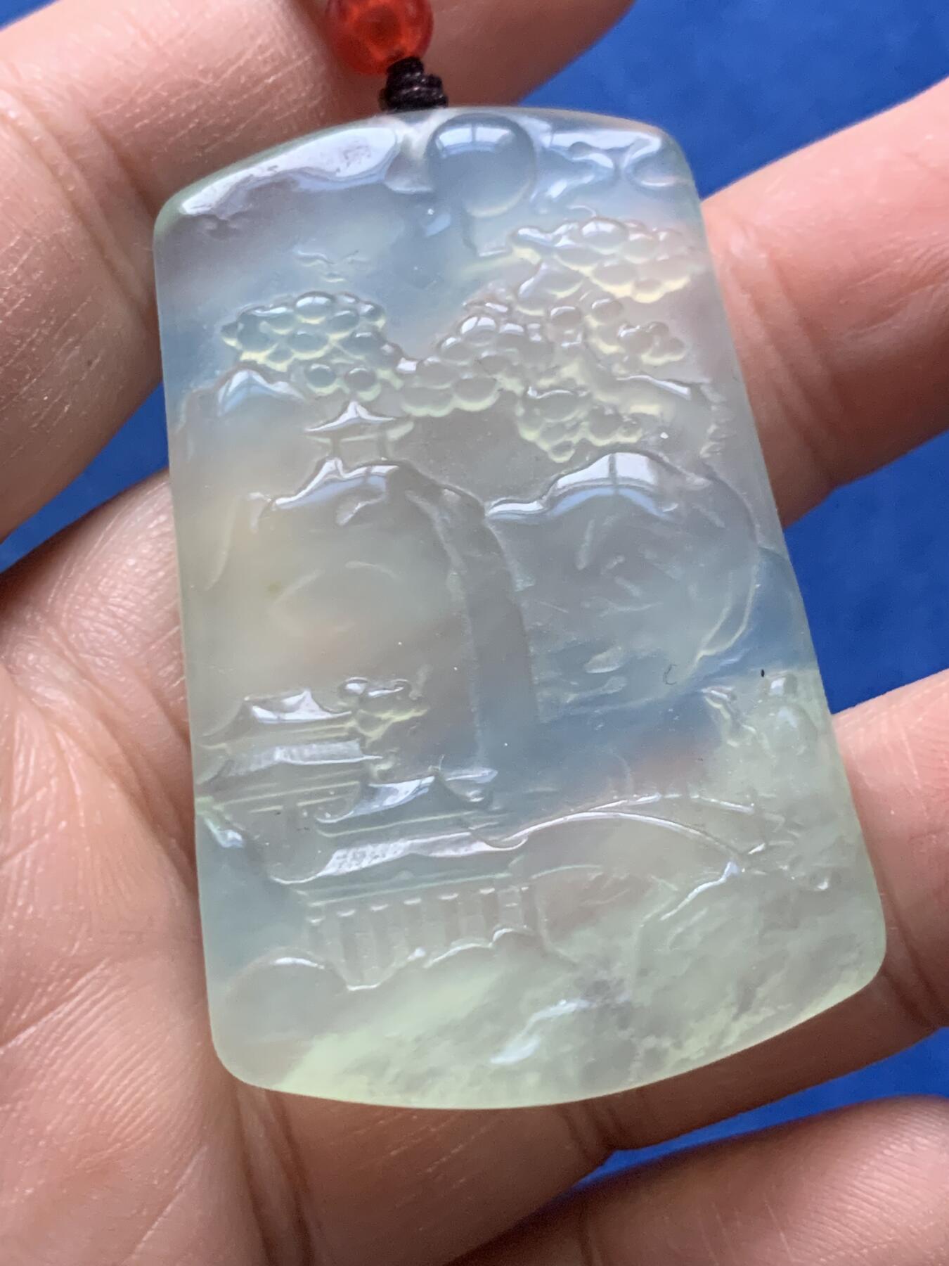 《竞宝斋》第444场 周日，周一，2场连拍 （全场包邮） 玉质山水牌一对，基本尺寸约51MM*30MM，总重约43.2克，透明度高