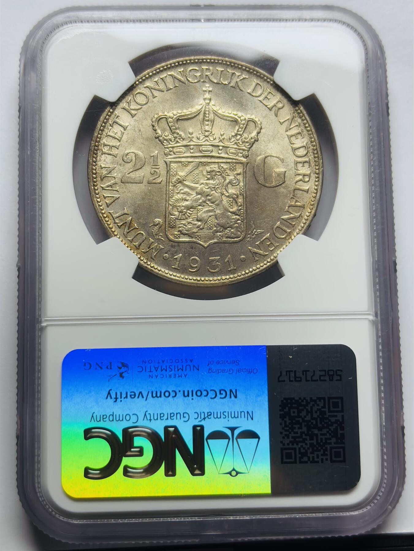 文馨钱币收藏第 283 场，【大雪鉴珍，寒英缀金】金银纪念币精品场，诚邀您的参与【长期接代拍品】 1931 年荷兰威廉明娜女王 2.5 盾大银币 NGC 评级 MS61 分，发丝人物形象惟妙惟肖，细节看图