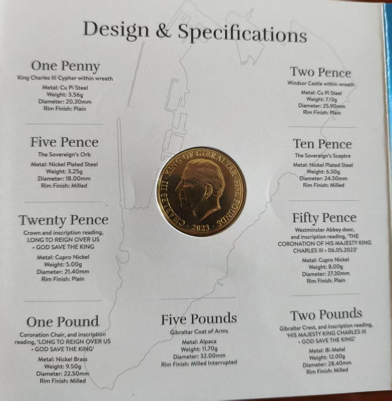 ❤️【币观天下】❤️ 第333期钱币拍卖- 2025.12.5周五晚上6点半场-长期征集拍品 稀少的直布罗陀2023年查尔斯三世头像第一套开门MS套币 1便士到5镑9枚