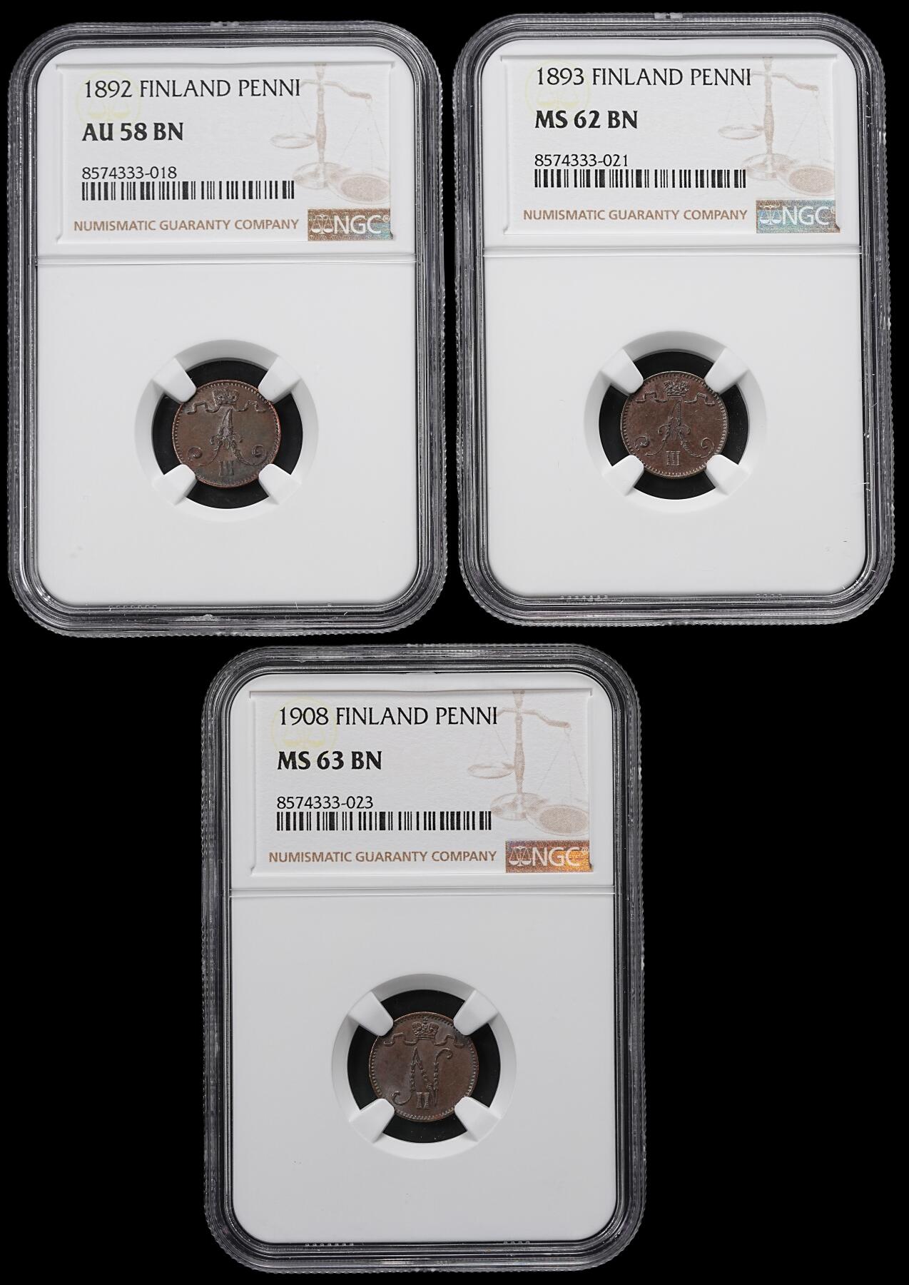 修遠堂世界钱币第九十六期 NGC评级 芬兰1盆尼铜币3枚