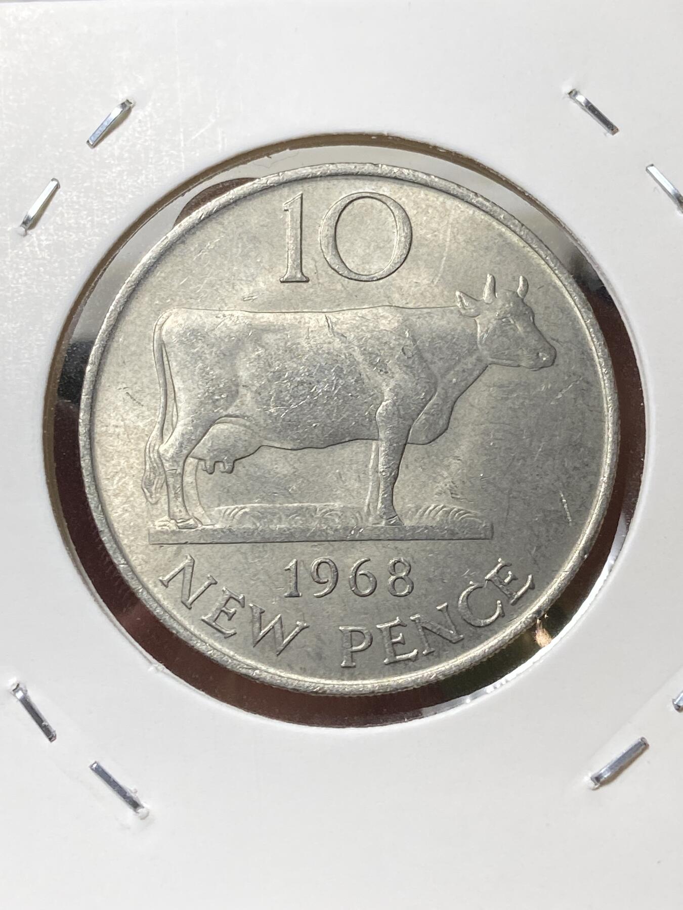 2025年第一百三十三场(总第一百五十九场）外国好品纸夹散币场(免佣金) 英属根西岛🇬🇬1968年10新便士(伊丽莎白二世时期，十进制第一版首发年)