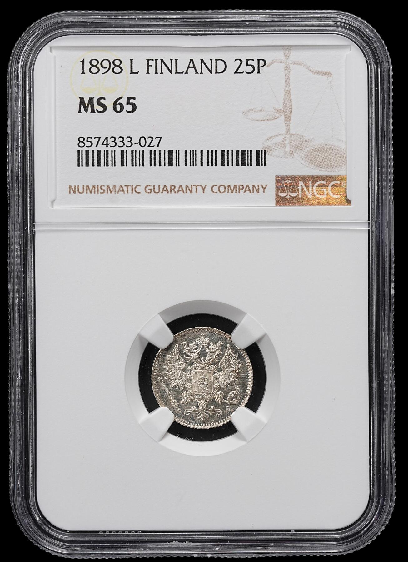 修遠堂世界钱币第九十六期 NGC MS65 1898年芬兰25盆尼银币 早期高分稀少