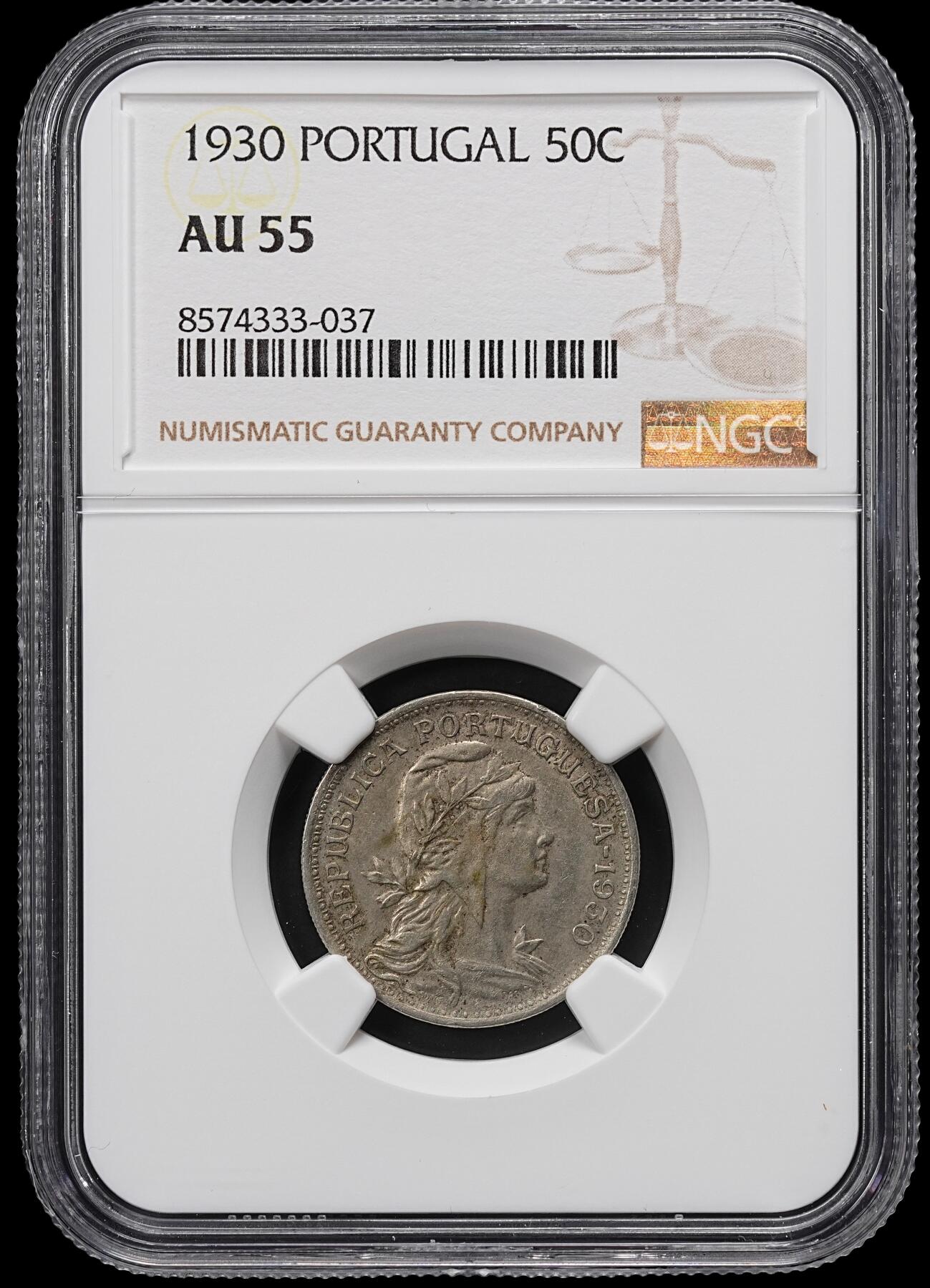 修遠堂世界钱币第九十六期 NGC AU55 1930年葡萄牙50分 稀少的年份 书价很高