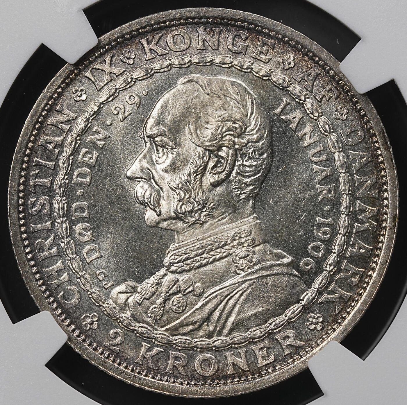 修遠堂世界钱币第九十六期 NGC MS65 1906年丹麦国王更迭纪念2克朗银币