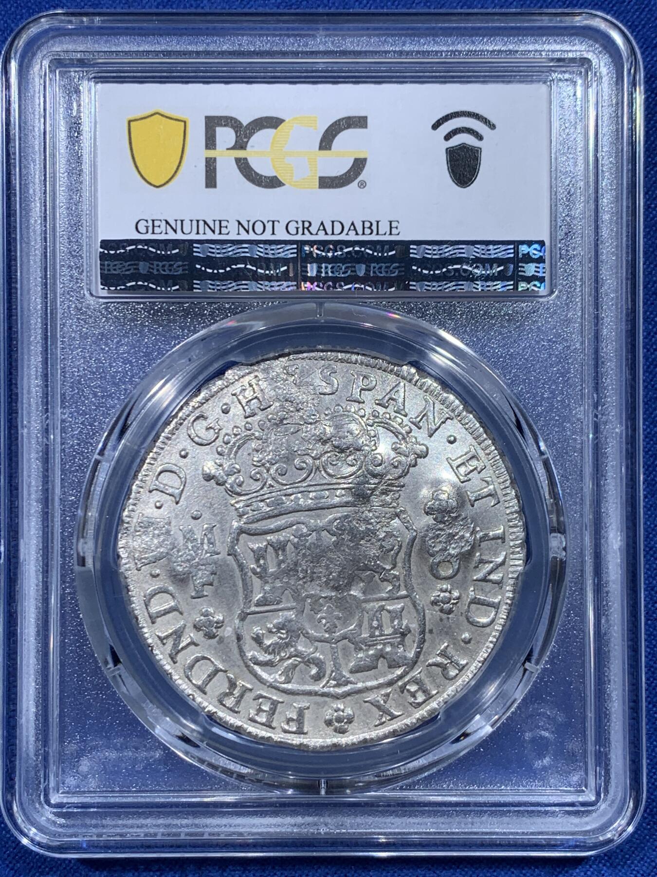 《竞宝斋》第444场 周日，周一，2场连拍 （全场包邮） PCGS AUD 1753年西属墨西哥地球双柱银币  早期年份，在华流通的中文戳记大热门，底板和细节都很好