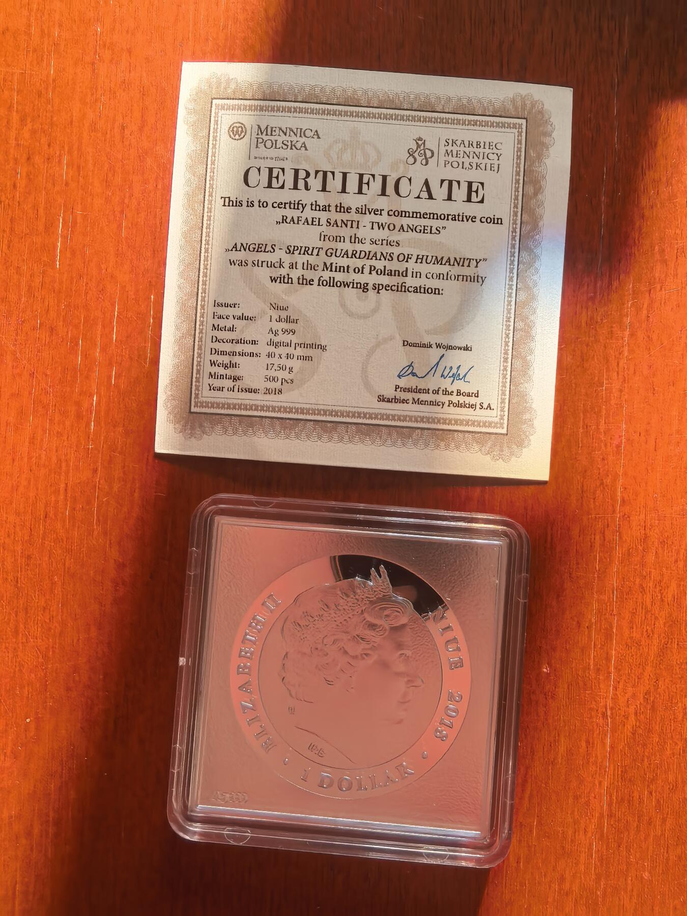 长老汇蛇年精选第七十八场拍卖 2018纽埃拉斐尔名画《西斯廷圣母》中的两个小天使彩色方形银币，17.5克，999银，数码打印技术，500枚，波兰造币厂出品