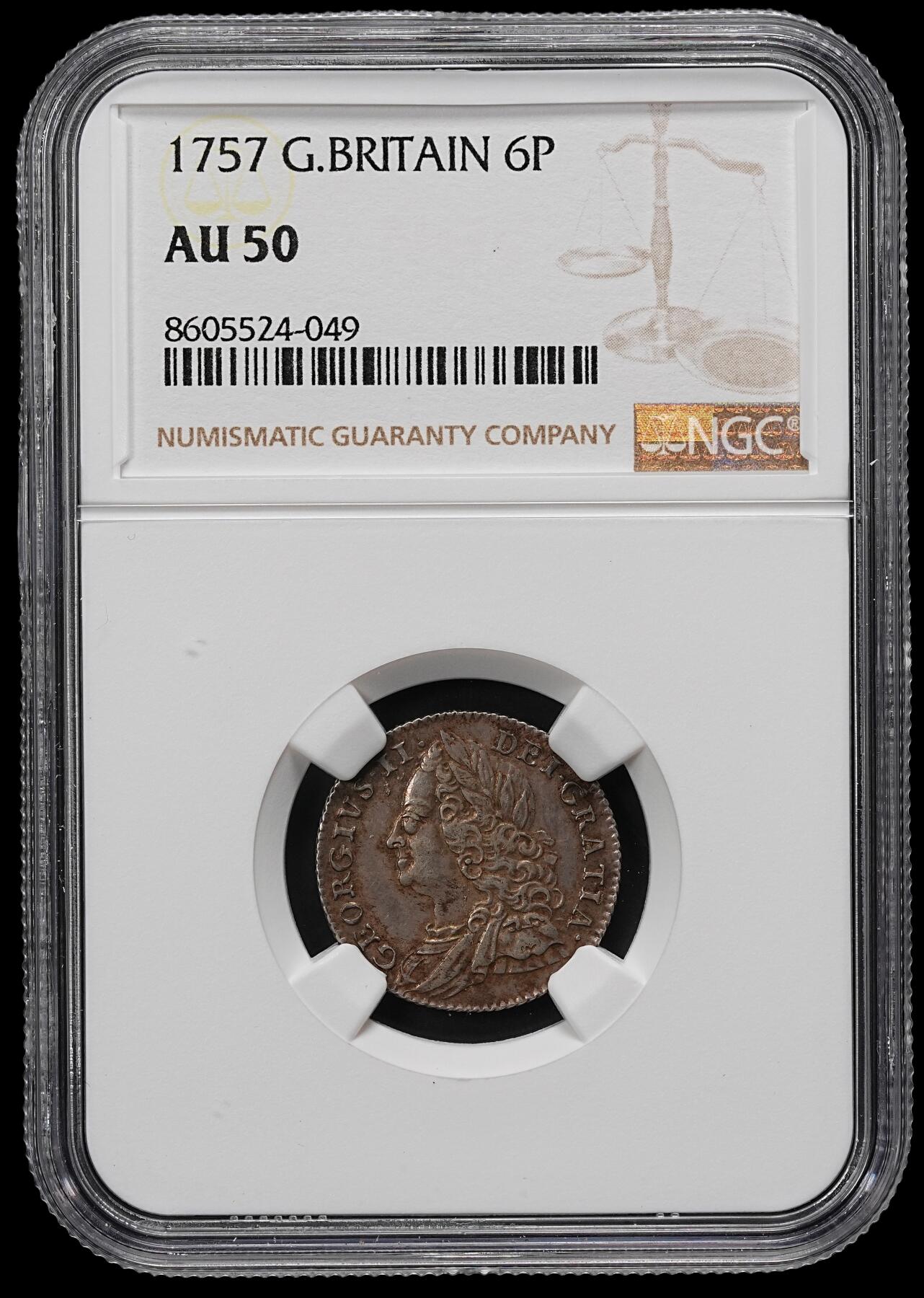修遠堂世界钱币第九十六期 NGC AU50 1757年英国6便士银币