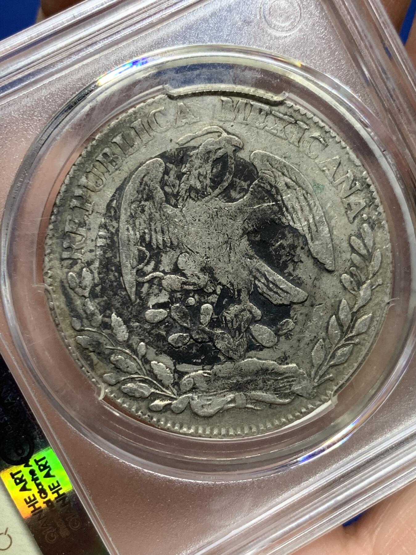 《竞宝斋》第444场 周日，周一，2场连拍 （全场包邮） 中式评级 墨印五级40 墨西哥 1859年鹰洋ZS MO 中期鹰洋，商号老墨印。自由帽面“衠“（zhun）字圆形图章型墨戳，鹰面圆形图章型墨迹