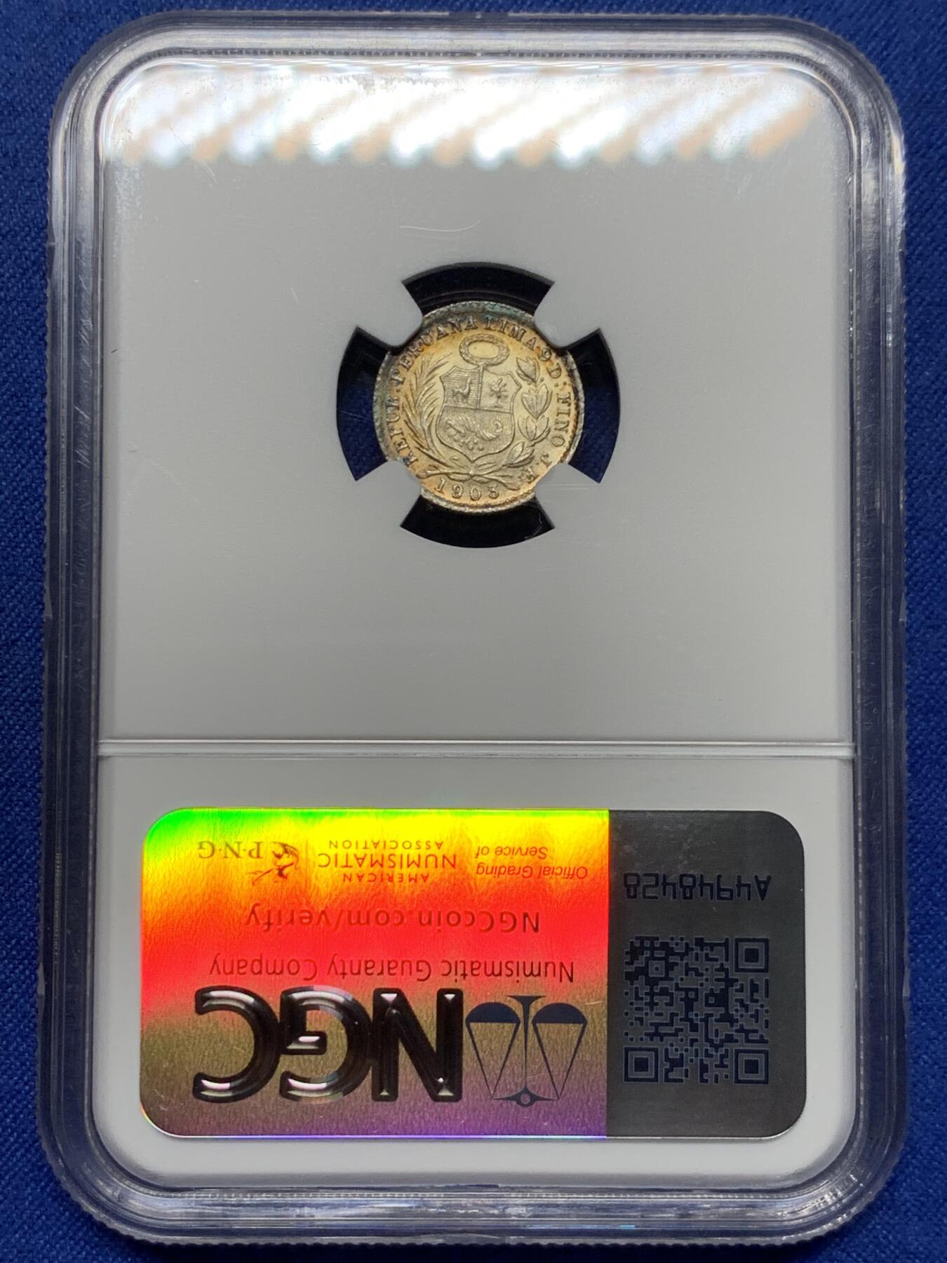 《竞宝斋》第444场 周日，周一，2场连拍 （全场包邮） NGC MS64 秘鲁1903年1/2蒂娜尔银币，双面带有月牙蓝彩包浆，十分亮眼的一枚，早期年份少见