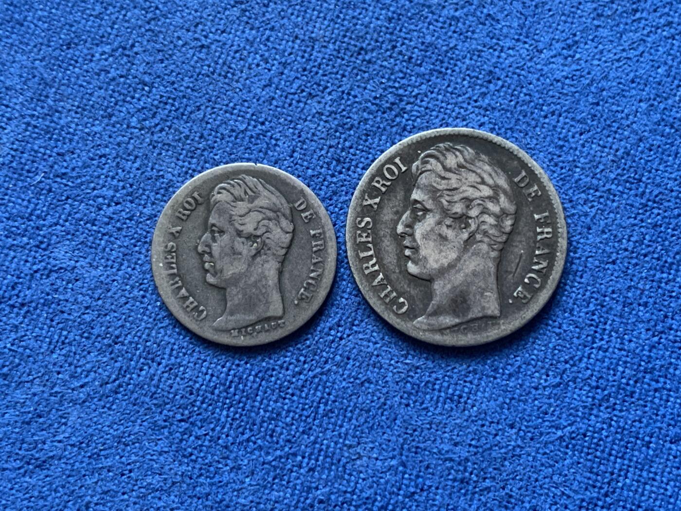 《竞宝斋》第444场 周日，周一，2场连拍 （全场包邮） 两枚一组 法国1829查理十世1/2法郎、1/4法郎一组，法郎辅币少见。