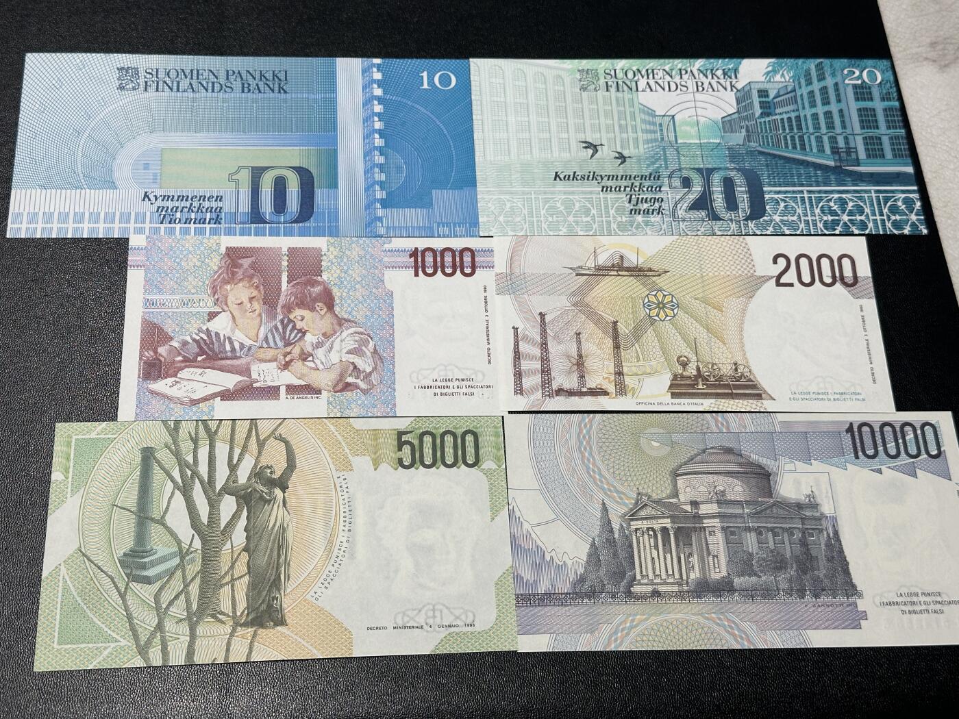 《外钞收藏家》第五百九十期（欧洲强钞、港币、硬通货及丰富裸币大拍场）（本平台长期征集拍品、欢迎藏友们联系合作） 意大利4张+芬兰2张 全新 但是芬兰10马克一个角不绝 全部是靓号尾8