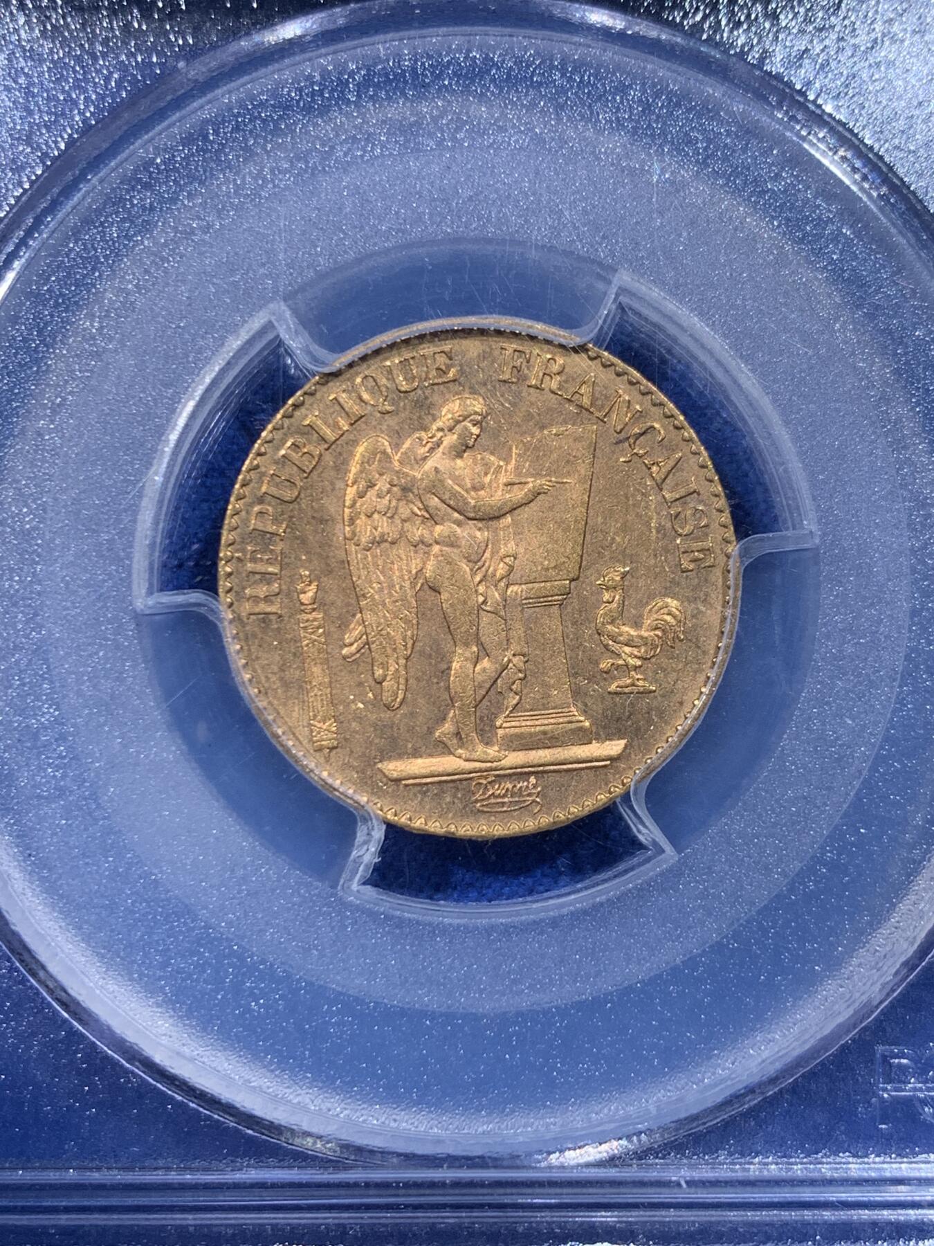 《竞宝斋》第444场 周日，周一，2场连拍 （全场包邮） PCGS MS63 法国1896年天使宪法20法郎金币 900金 6.45克